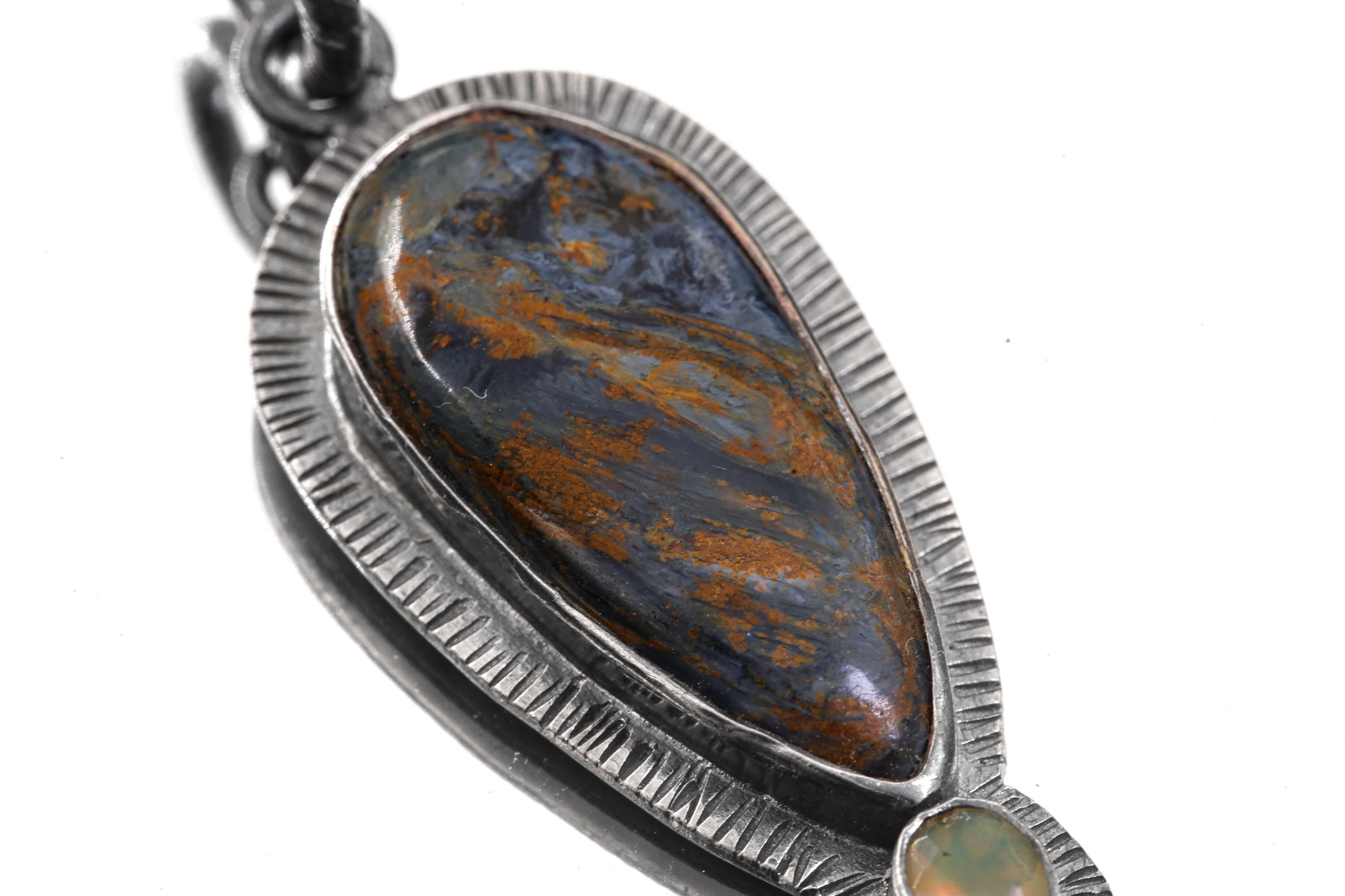 Pietersite & Ethiopian Opal Pendant: Oxidized Sterling Silver Sun Ray Design