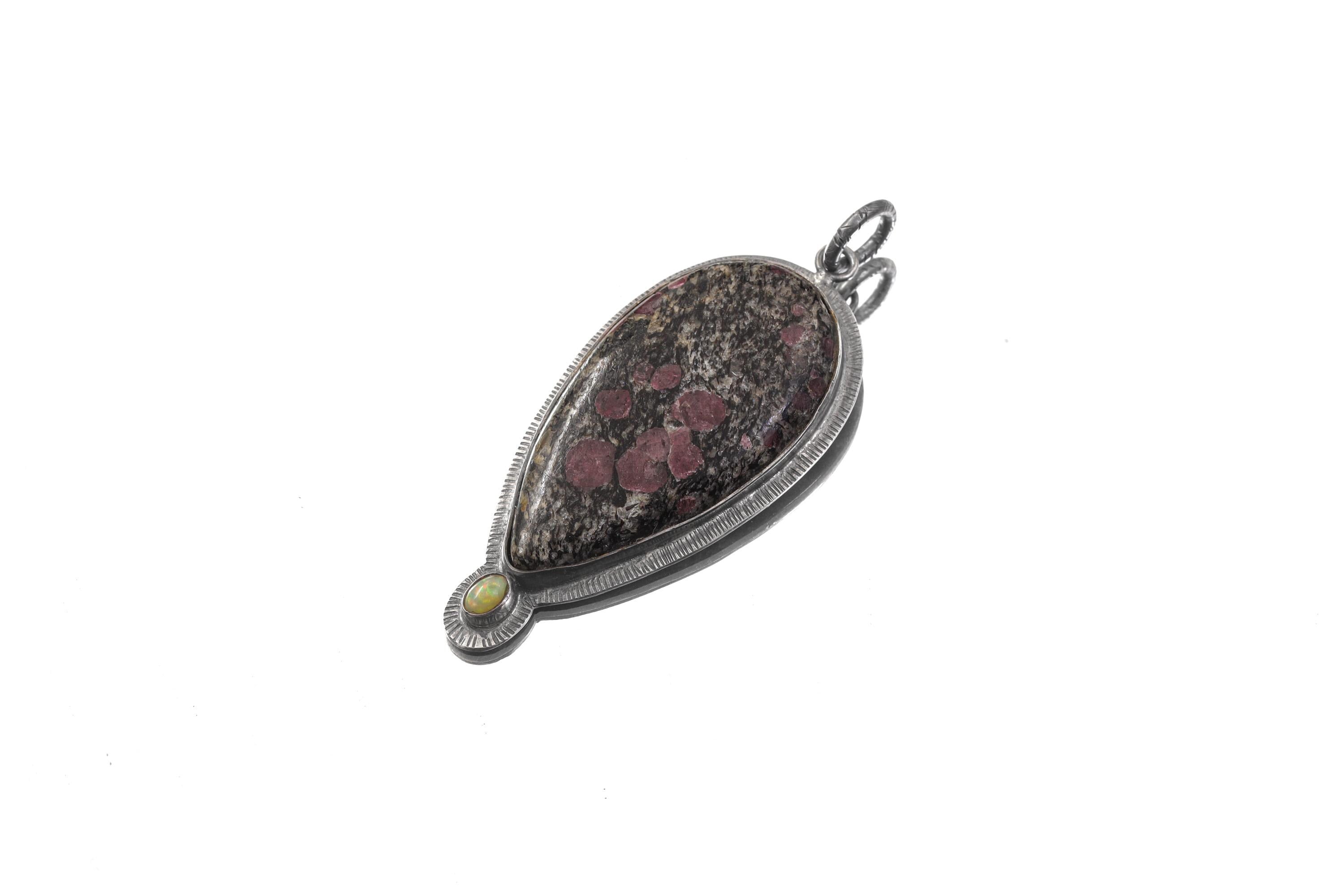Oxidized Sterling Silver Pendant: Balsa Ruby, Ethiopian Opal Sun Ray Design