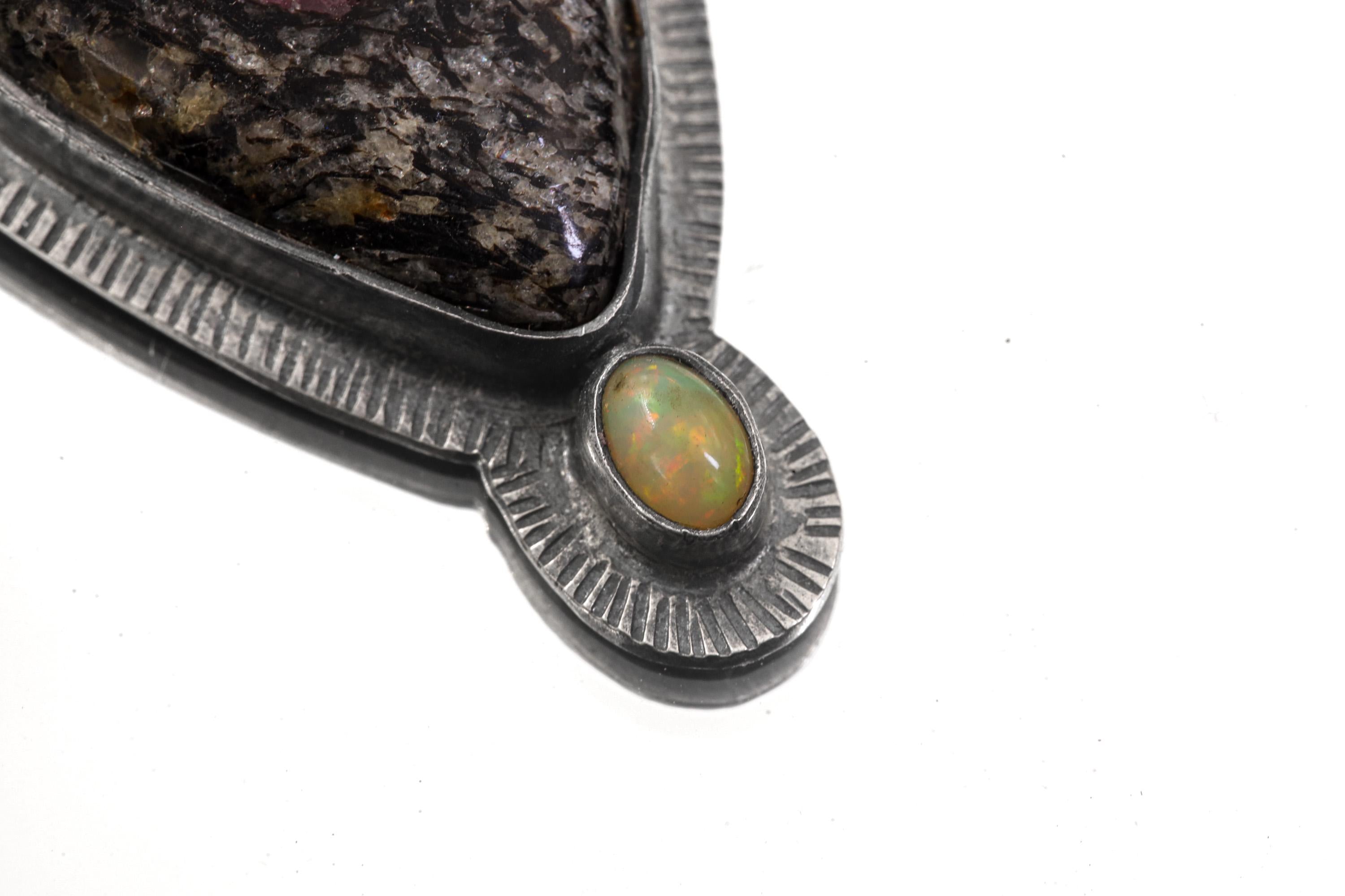 Oxidized Sterling Silver Pendant: Balsa Ruby, Ethiopian Opal Sun Ray Design