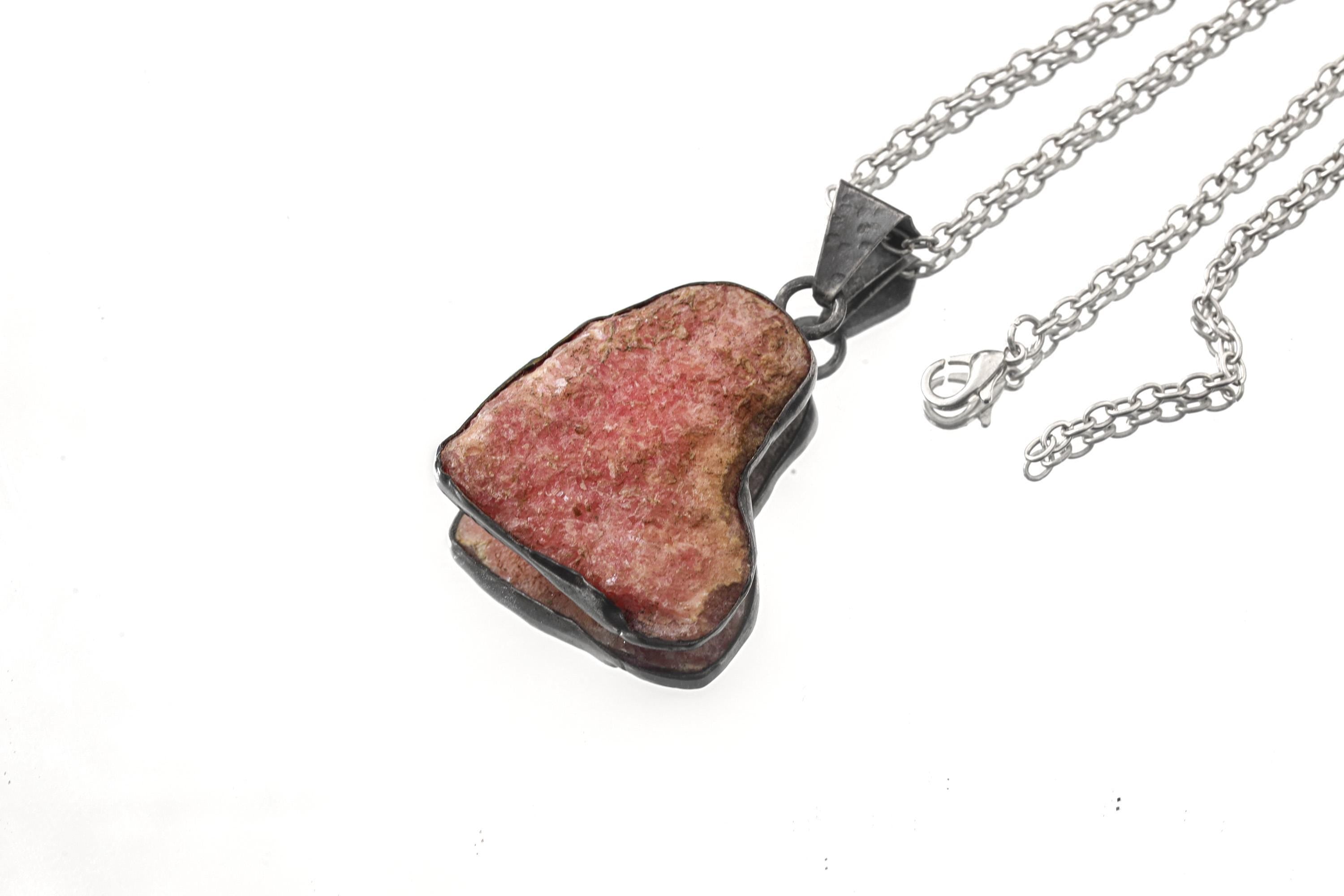 Raw Large gemmy Chunk of Rhodochrosite - Textured & Oxedised - 925 Silver Setting - Crystal Pendant Neckpiece