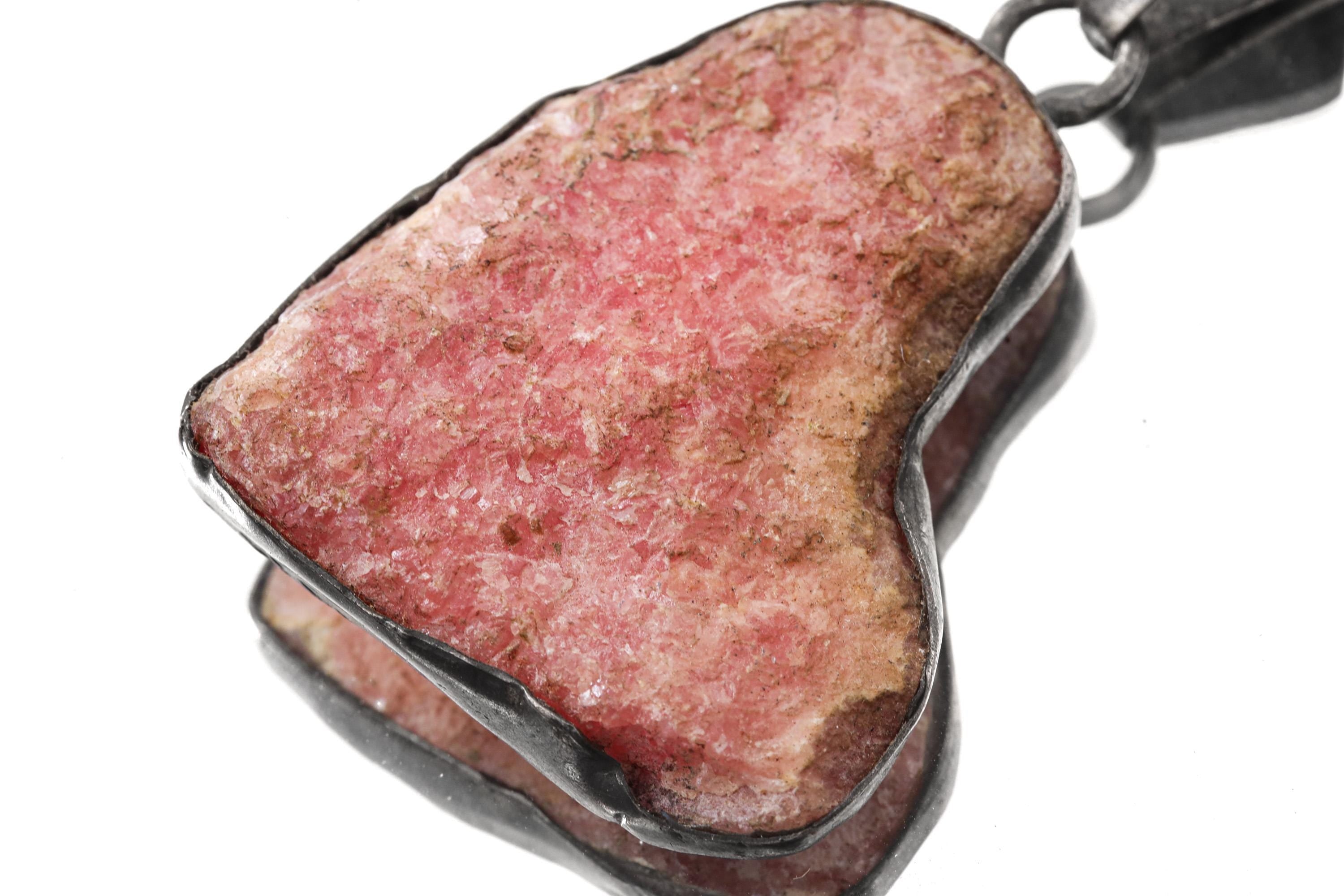 Raw Large gemmy Chunk of Rhodochrosite - Textured & Oxedised - 925 Silver Setting - Crystal Pendant Neckpiece