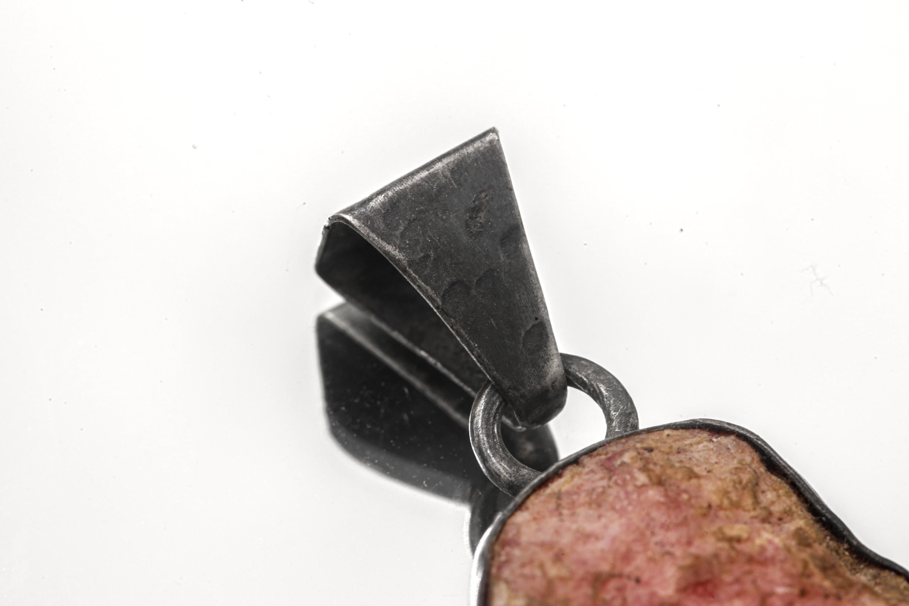 Raw Large gemmy Chunk of Rhodochrosite - Textured & Oxedised - 925 Silver Setting - Crystal Pendant Neckpiece