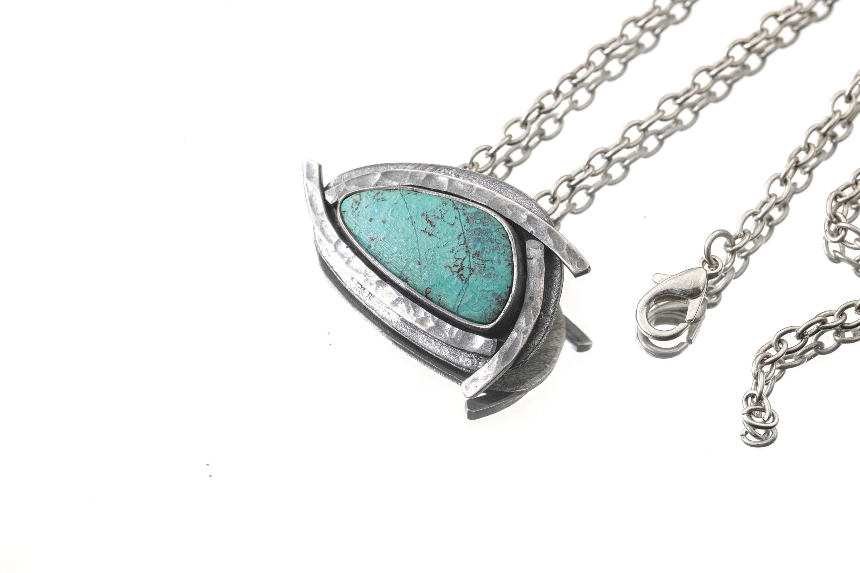 Chrysocolla Triangle Pendant: Oxidized Sterling Silver, Gemini Zodiac
