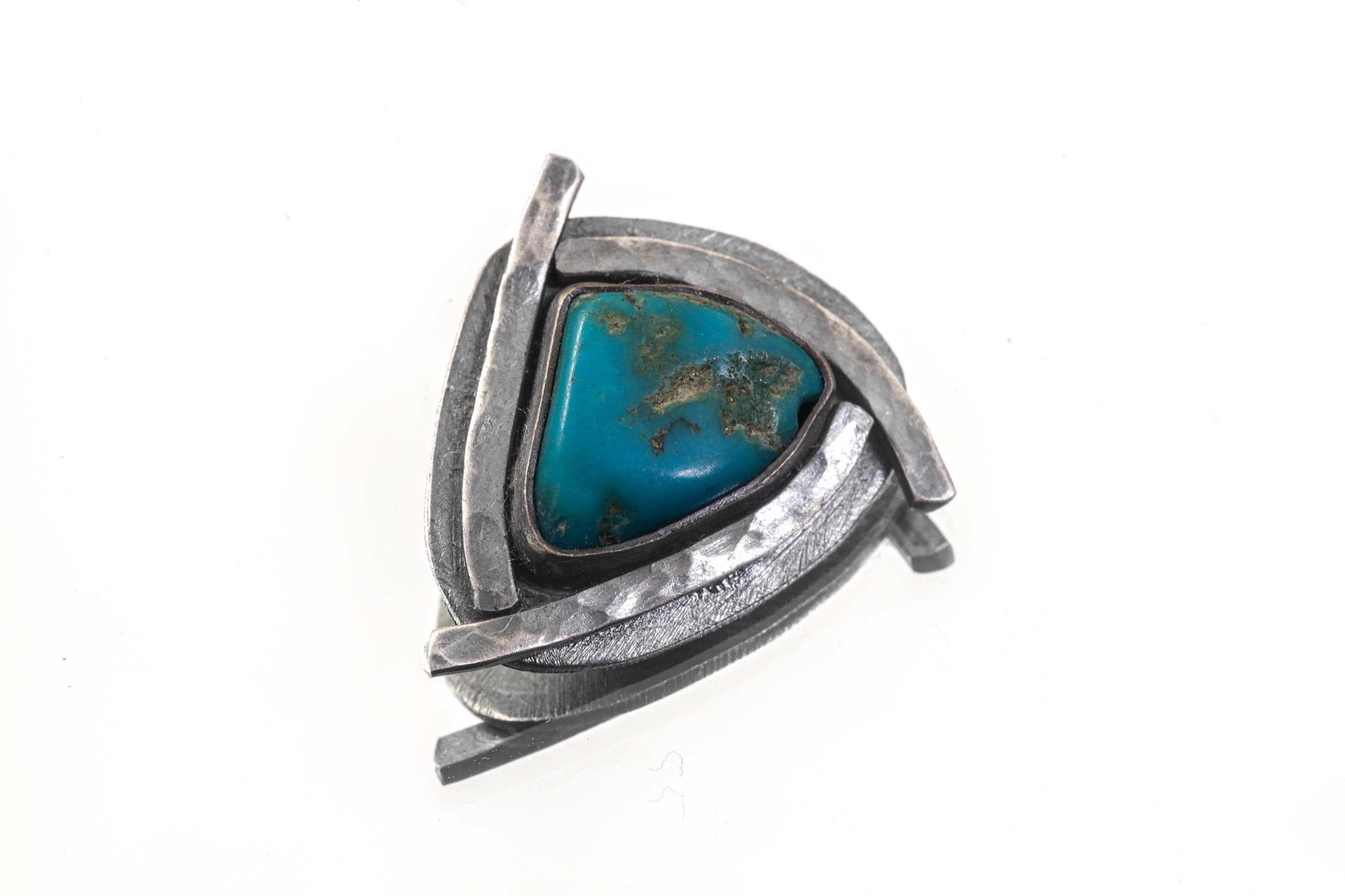 Sleeping Beauty Turquoise Triangle Pendant 925 Sterling Silver Oxidized Sun Ray Throat Chakra Gift