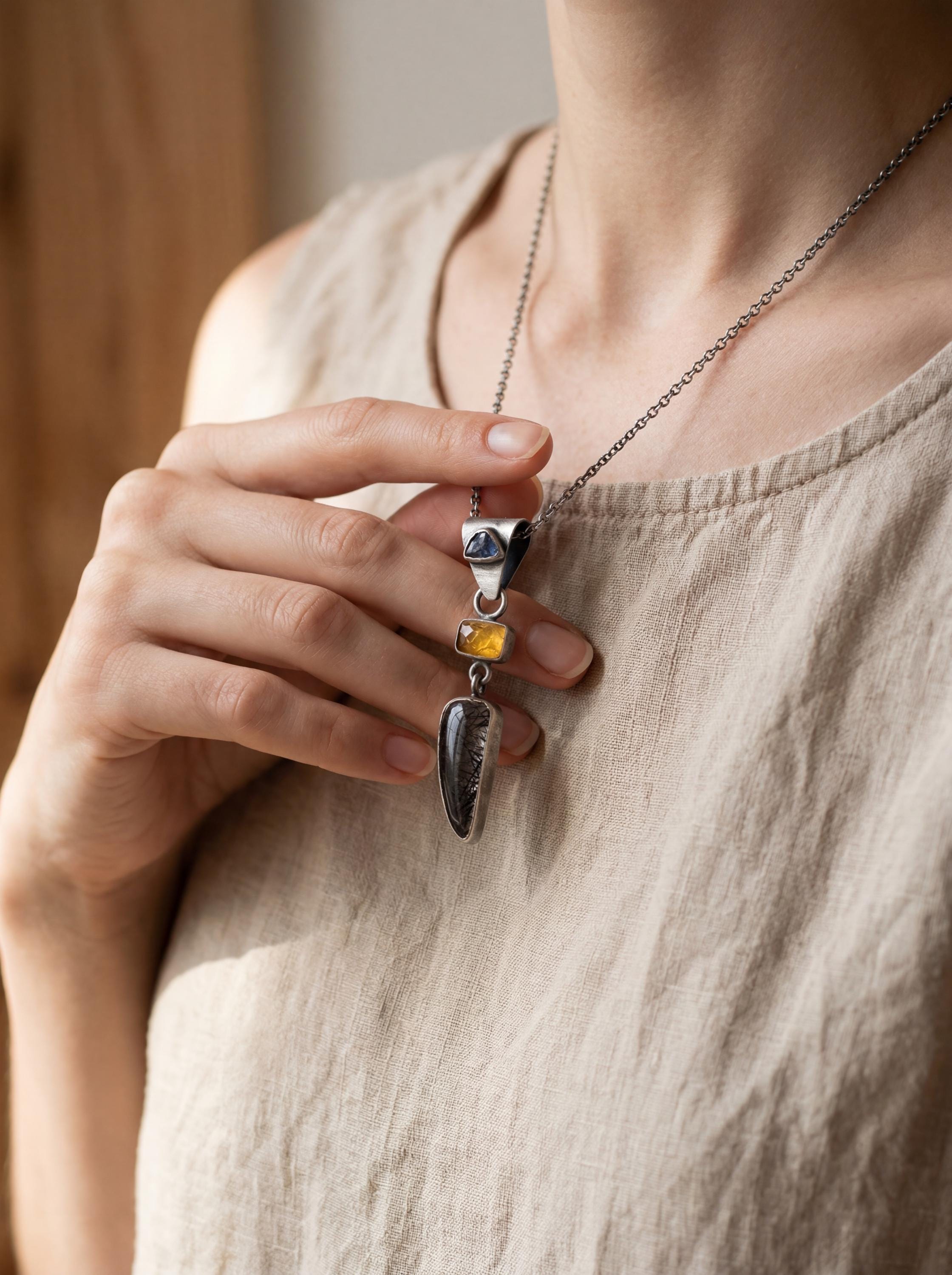 Oxidized Sterling Silver Pendant: Sapphire, Amber, Black Rutile Gemstones