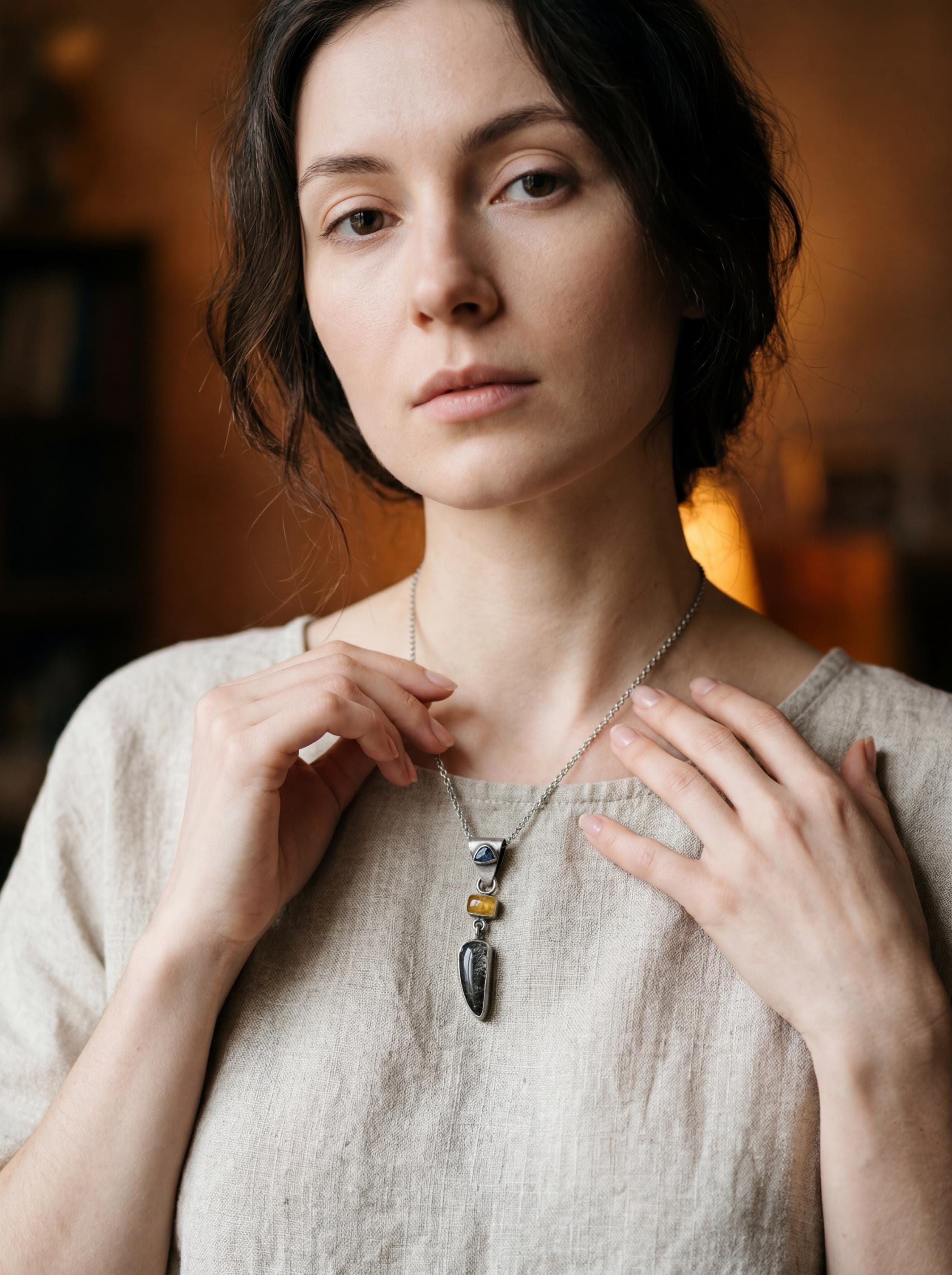 Oxidized Sterling Silver Pendant: Sapphire, Amber, Black Rutile Gemstones