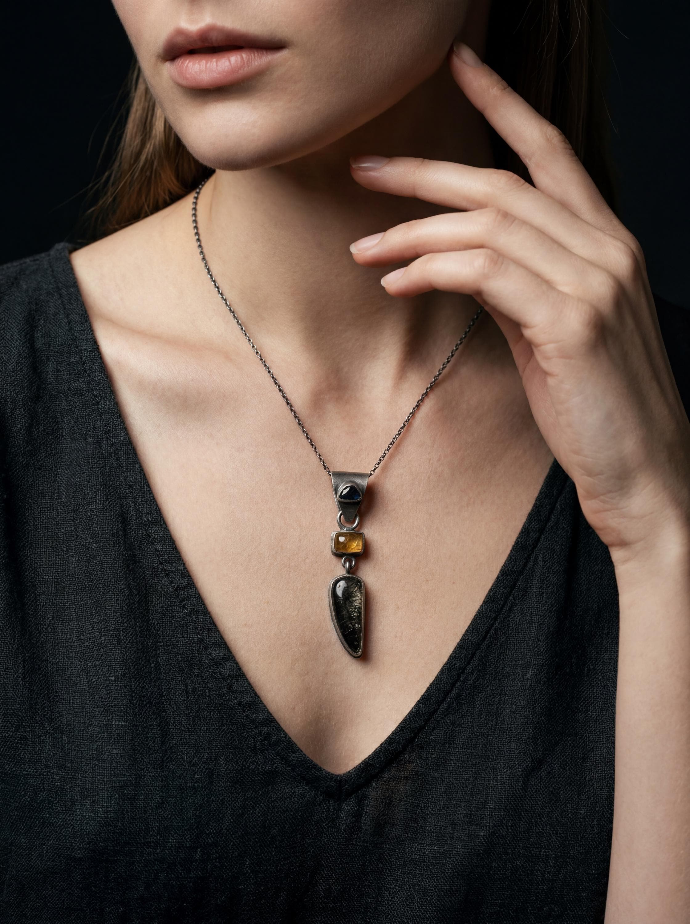 Oxidized Sterling Silver Pendant: Sapphire, Amber, Black Rutile Gemstones