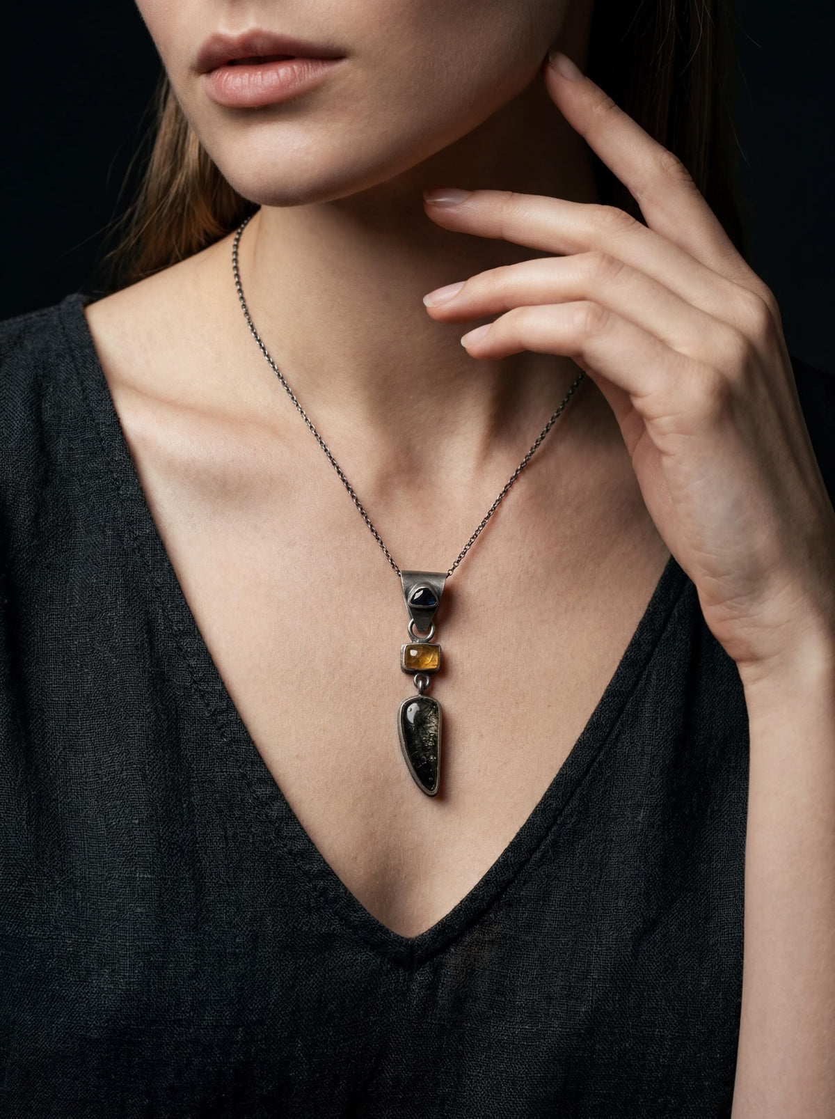 Oxidized Sterling Silver Pendant: Sapphire, Amber, Black Rutile Gemstones