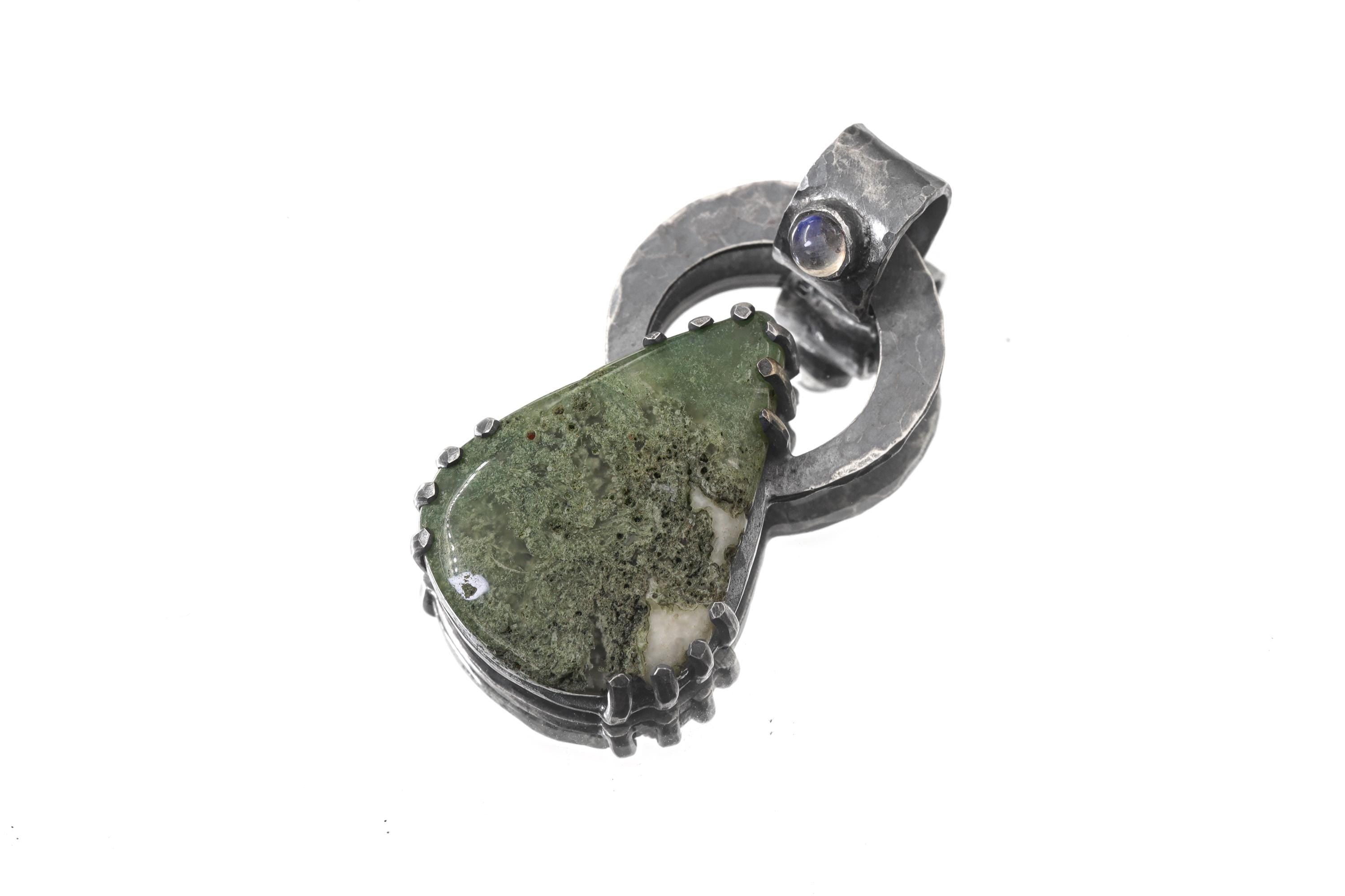 Moss Agate & Cat Eye Moonstone - Oxidised Hammered Sterling Silver - Claw Set Pendant
