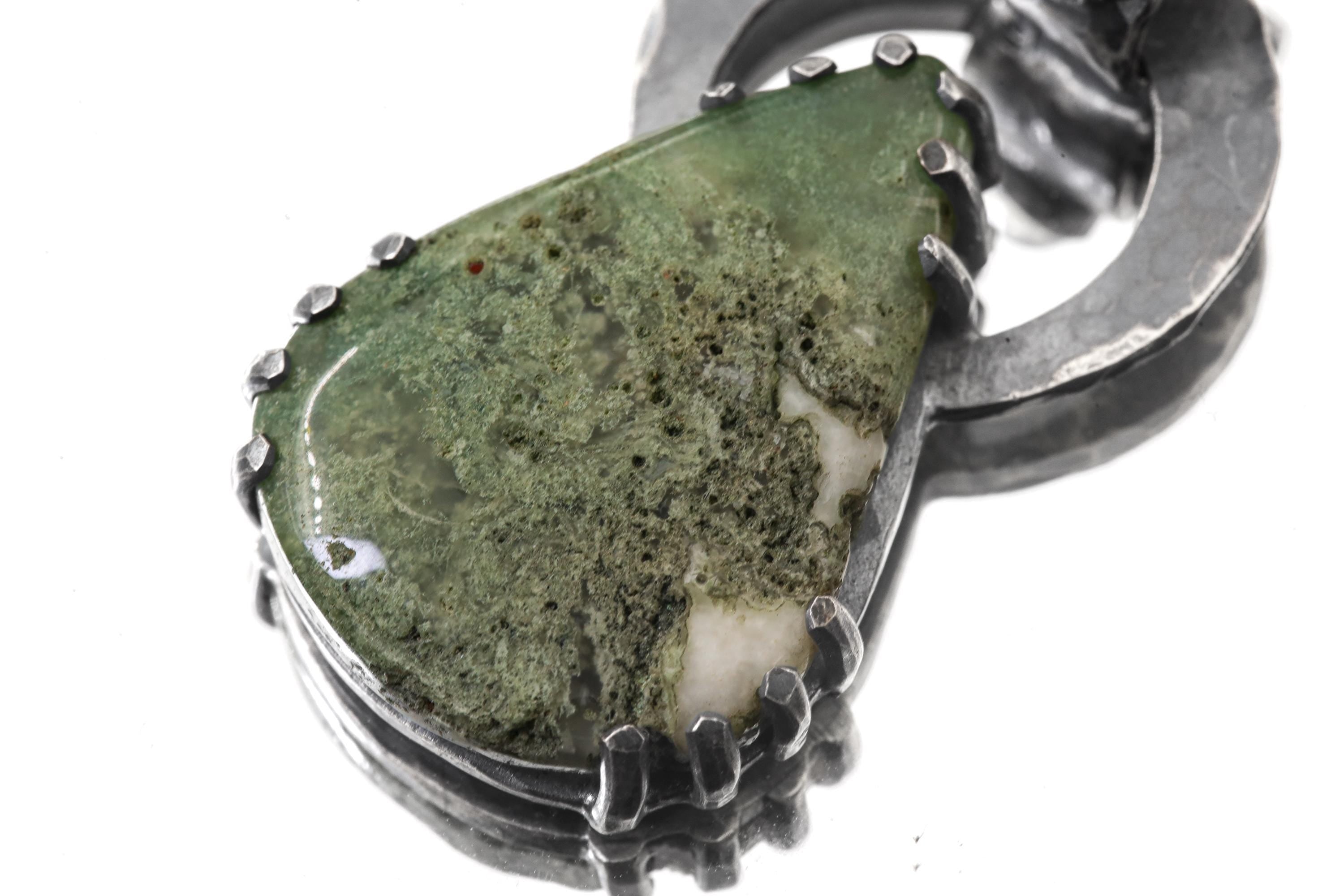 Moss Agate & Cat Eye Moonstone - Oxidised Hammered Sterling Silver - Claw Set Pendant