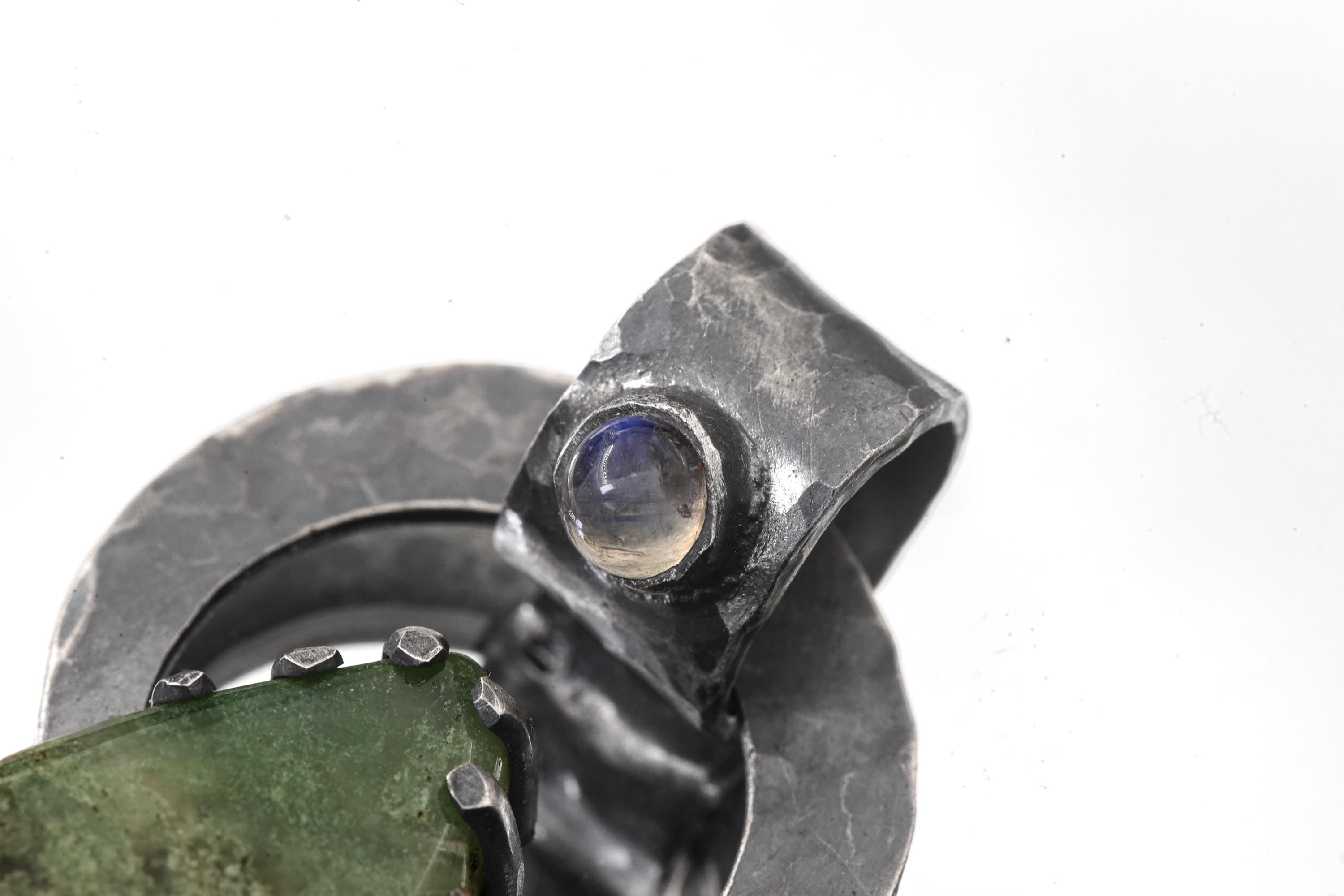 Moss Agate & Cat Eye Moonstone - Oxidised Hammered Sterling Silver - Claw Set Pendant
