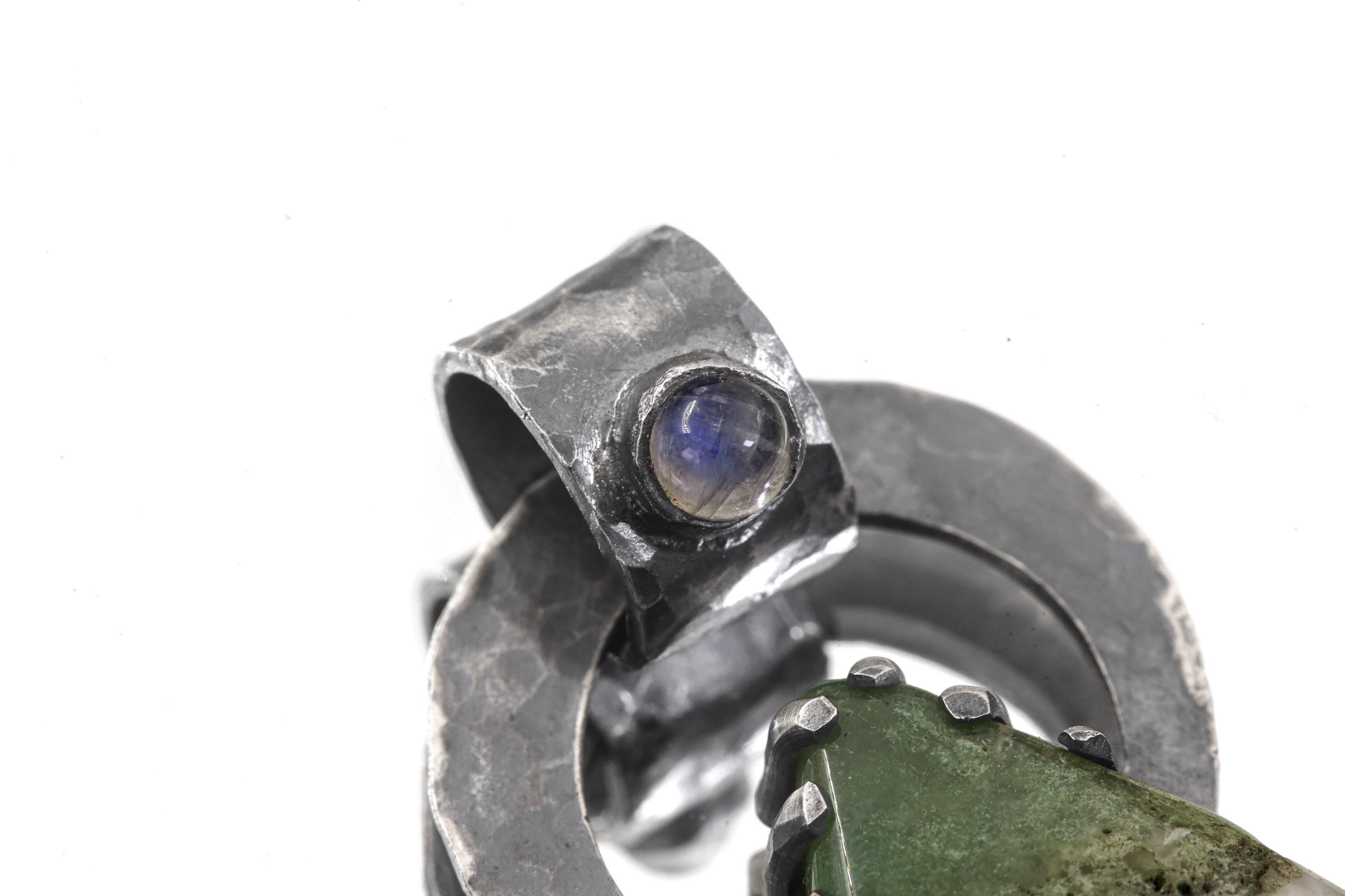 Moss Agate & Cat Eye Moonstone - Oxidised Hammered Sterling Silver - Claw Set Pendant