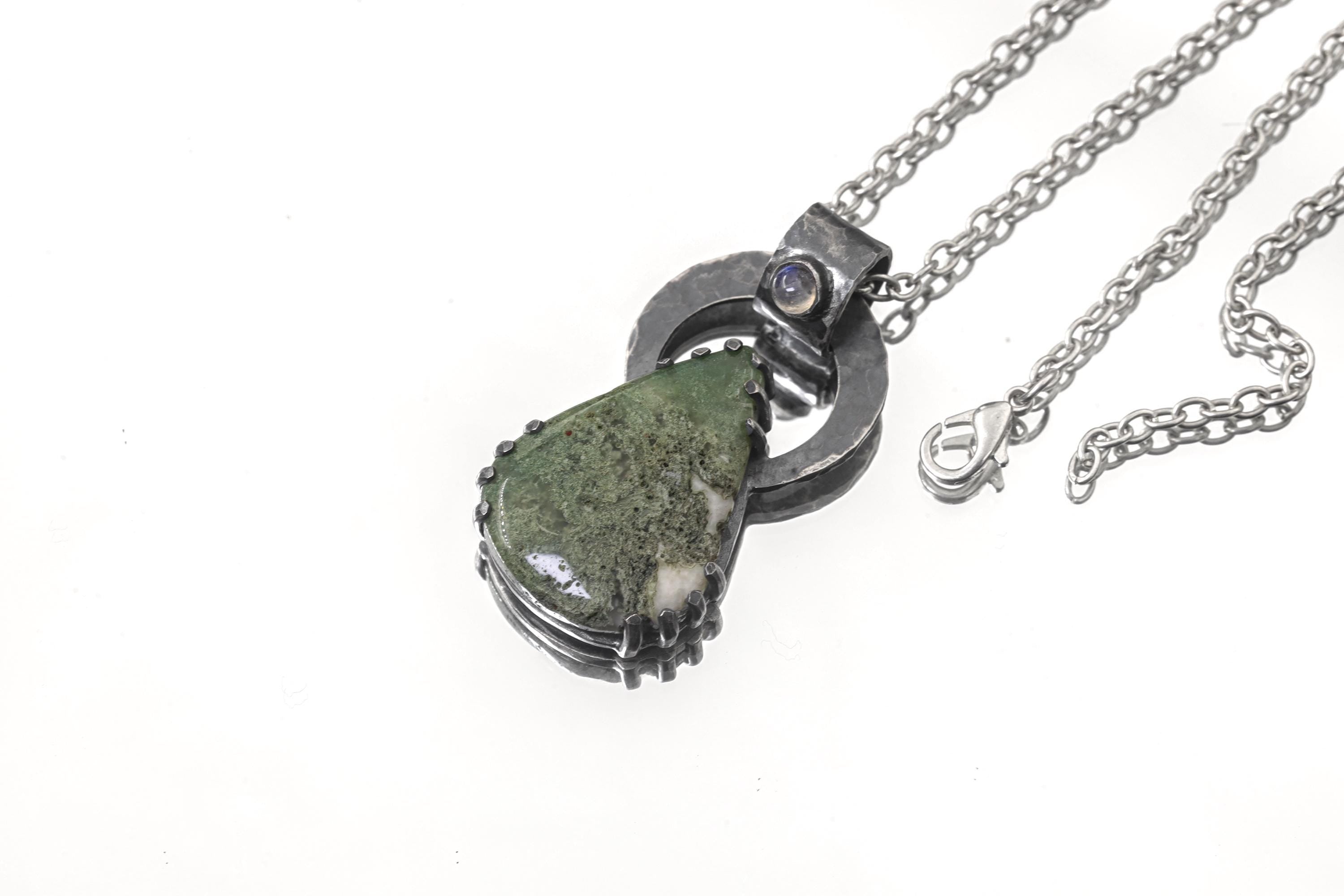 Moss Agate & Cat Eye Moonstone - Oxidised Hammered Sterling Silver - Claw Set Pendant