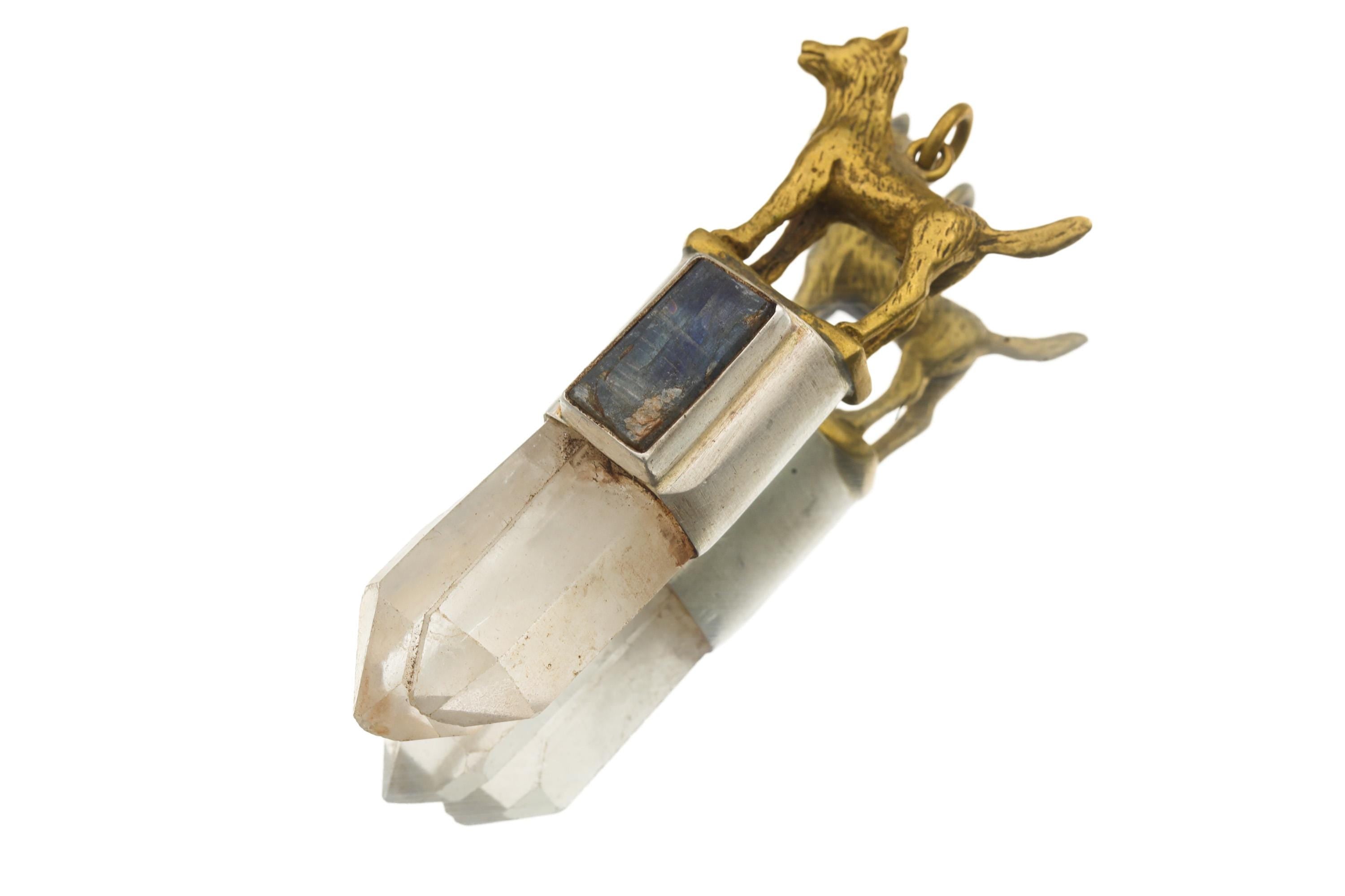 Clear Quartz Kyanite Dog Necklace 925 Silver Twin Crystal Spirit Guide Pendant Loyalty Clarity Jewelry