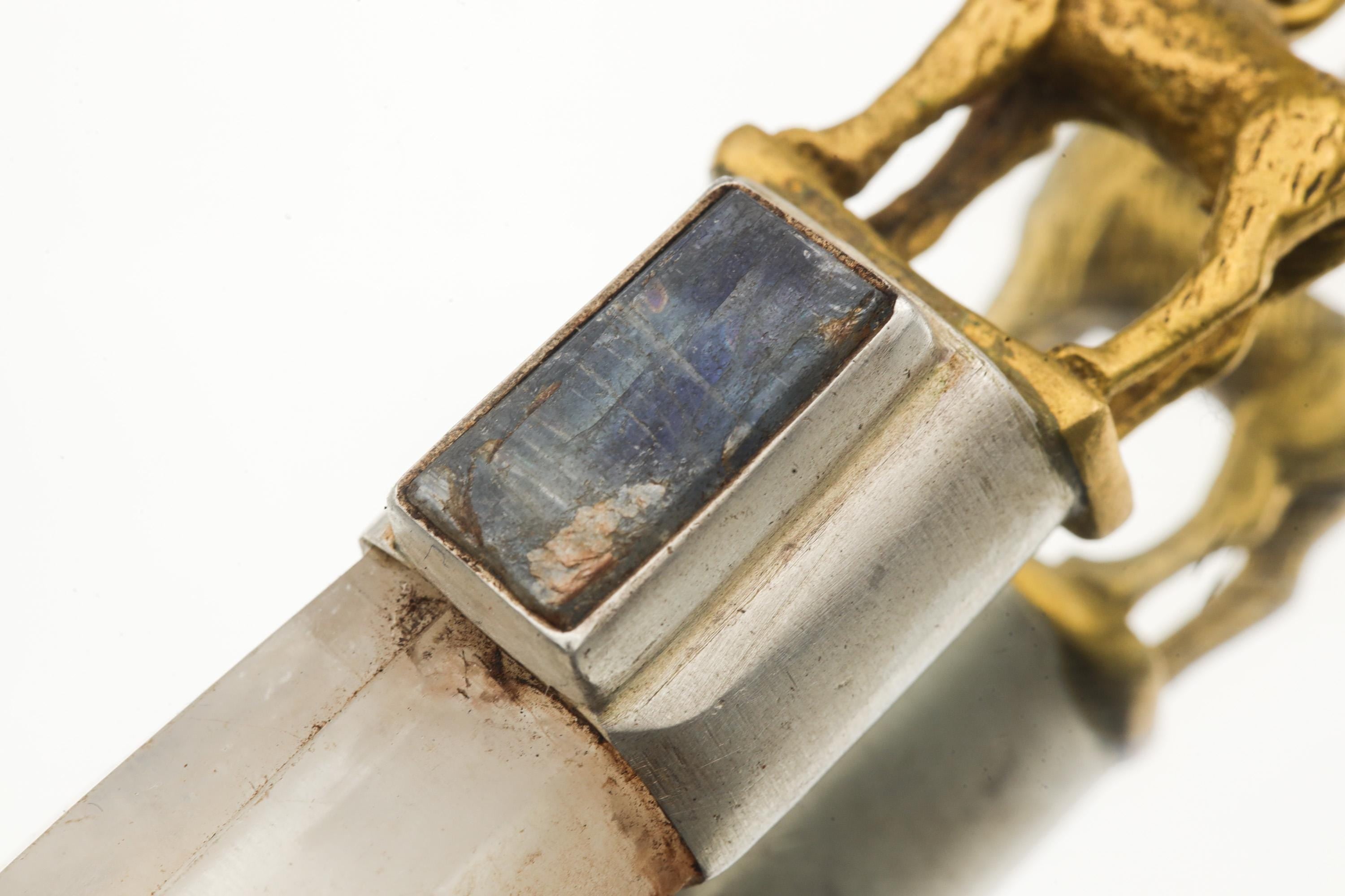 Close-up of Kyanite set above Clear Quartz in a Dog-inspired sterling silver talisman pendant.