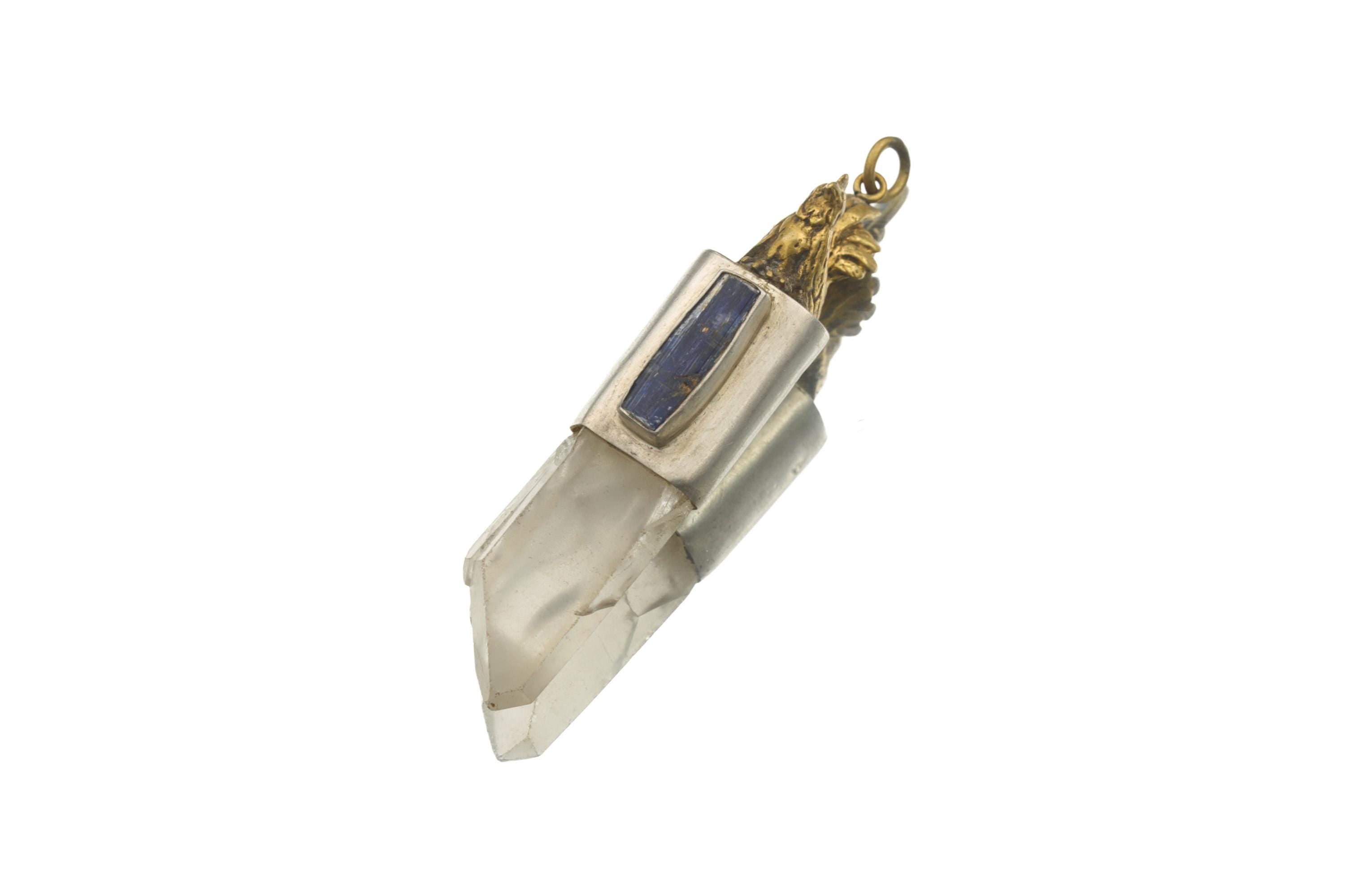 Twin Quartz Kyanite Necklace 925 Sterling Silver Brass Rooster Pendant Clarity Protection Jewelry Gift