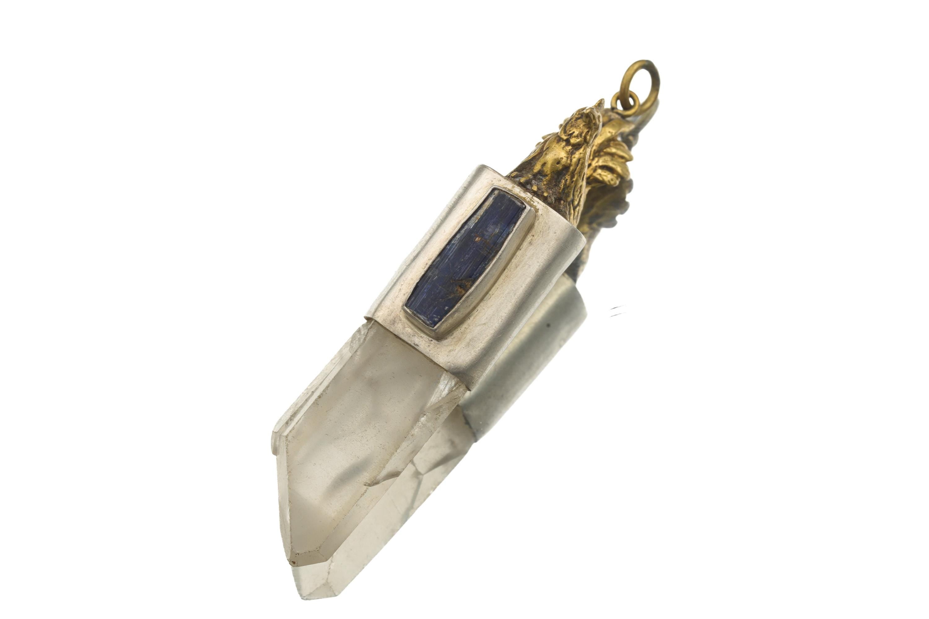 Twin Quartz Kyanite Necklace 925 Sterling Silver Brass Rooster Pendant Clarity Protection Jewelry Gift