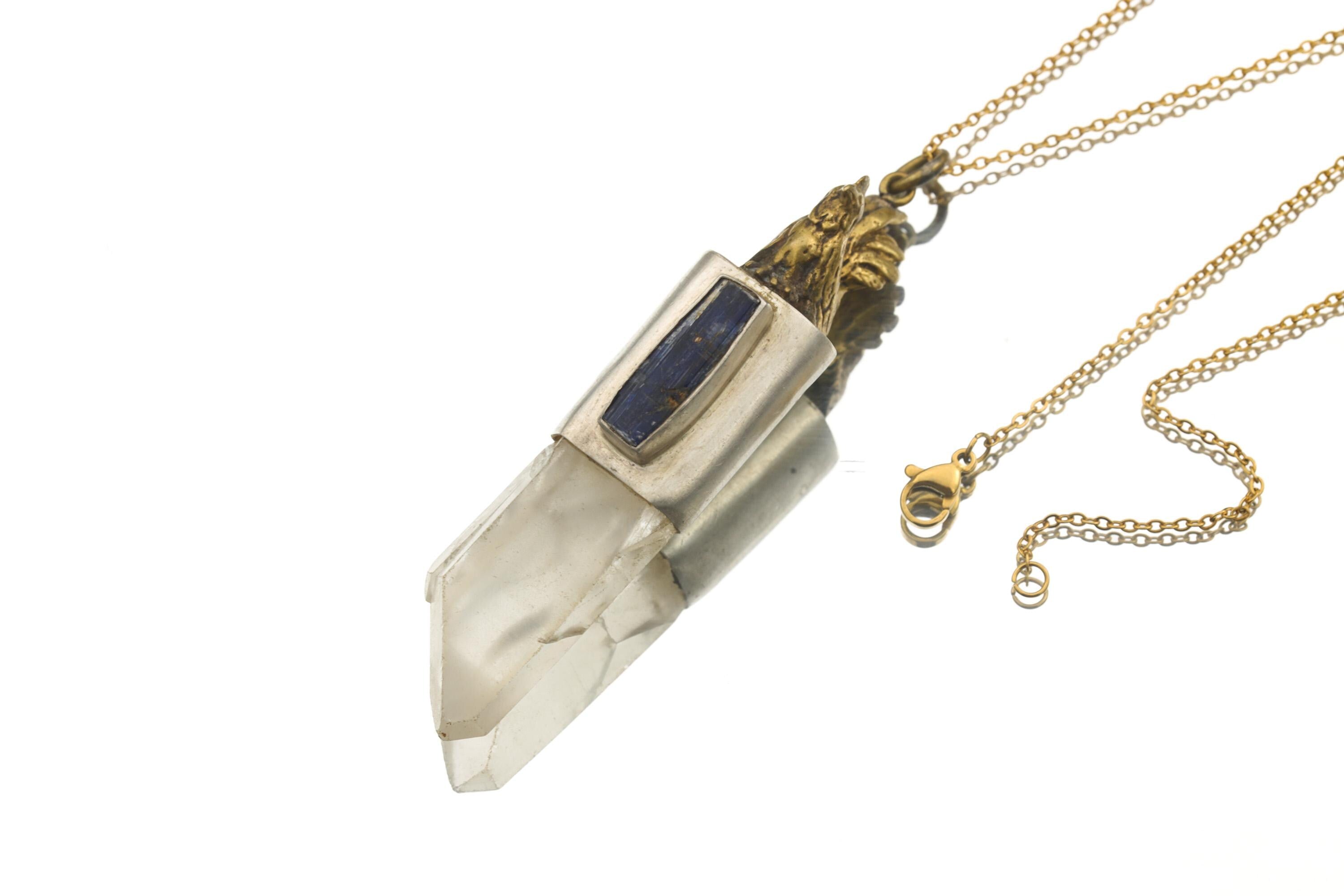 Kyanite & Quartz Crystal Pendant: Brass Rooster, Sterling Silver Talisman