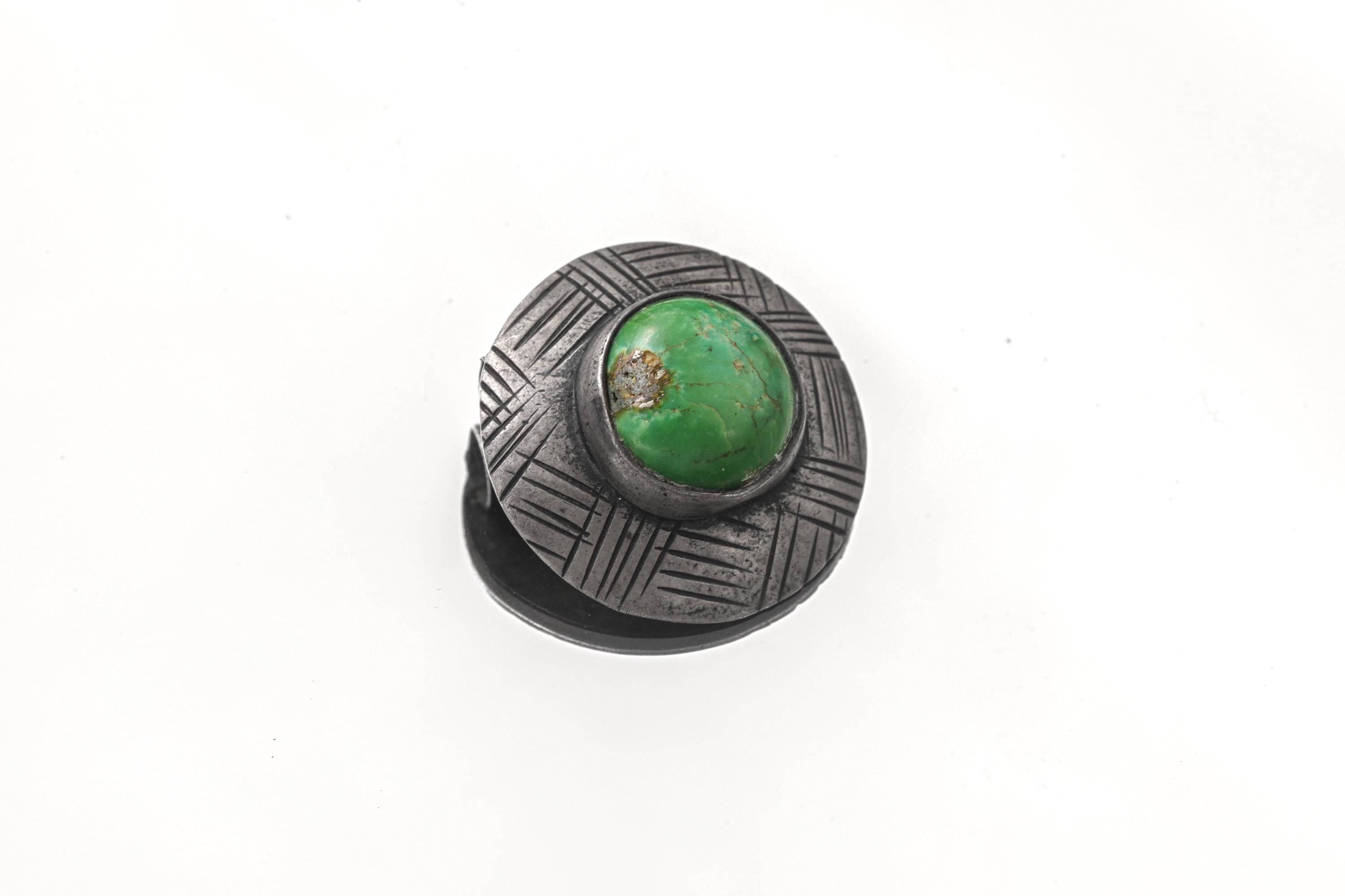 Green Turquoise Shield Pendant: Oxidized Sterling Silver, Handmade