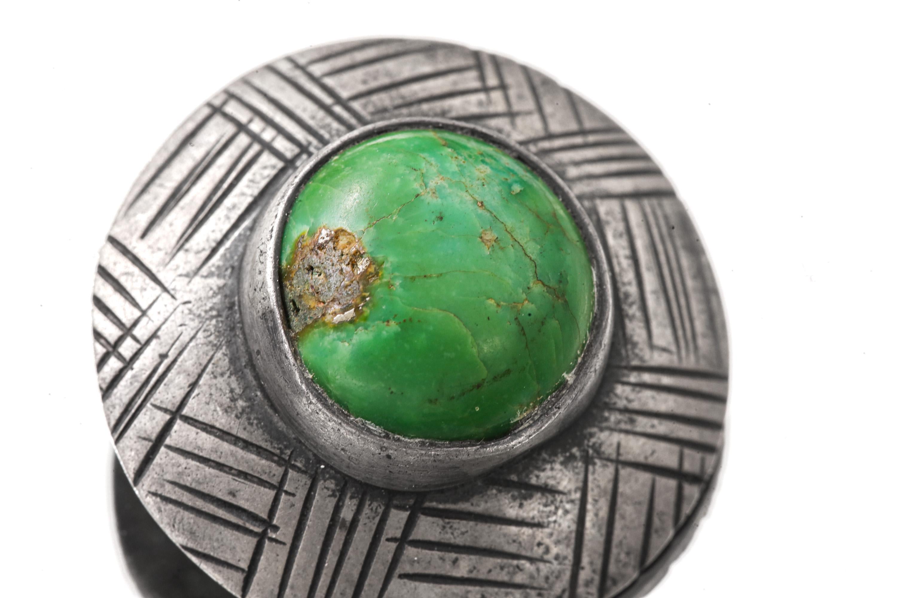 Green Turquoise Shield Pendant: Oxidized Sterling Silver, Handmade
