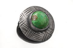 Green Turquoise Shield Pendant: Oxidized Sterling Silver, Handmade