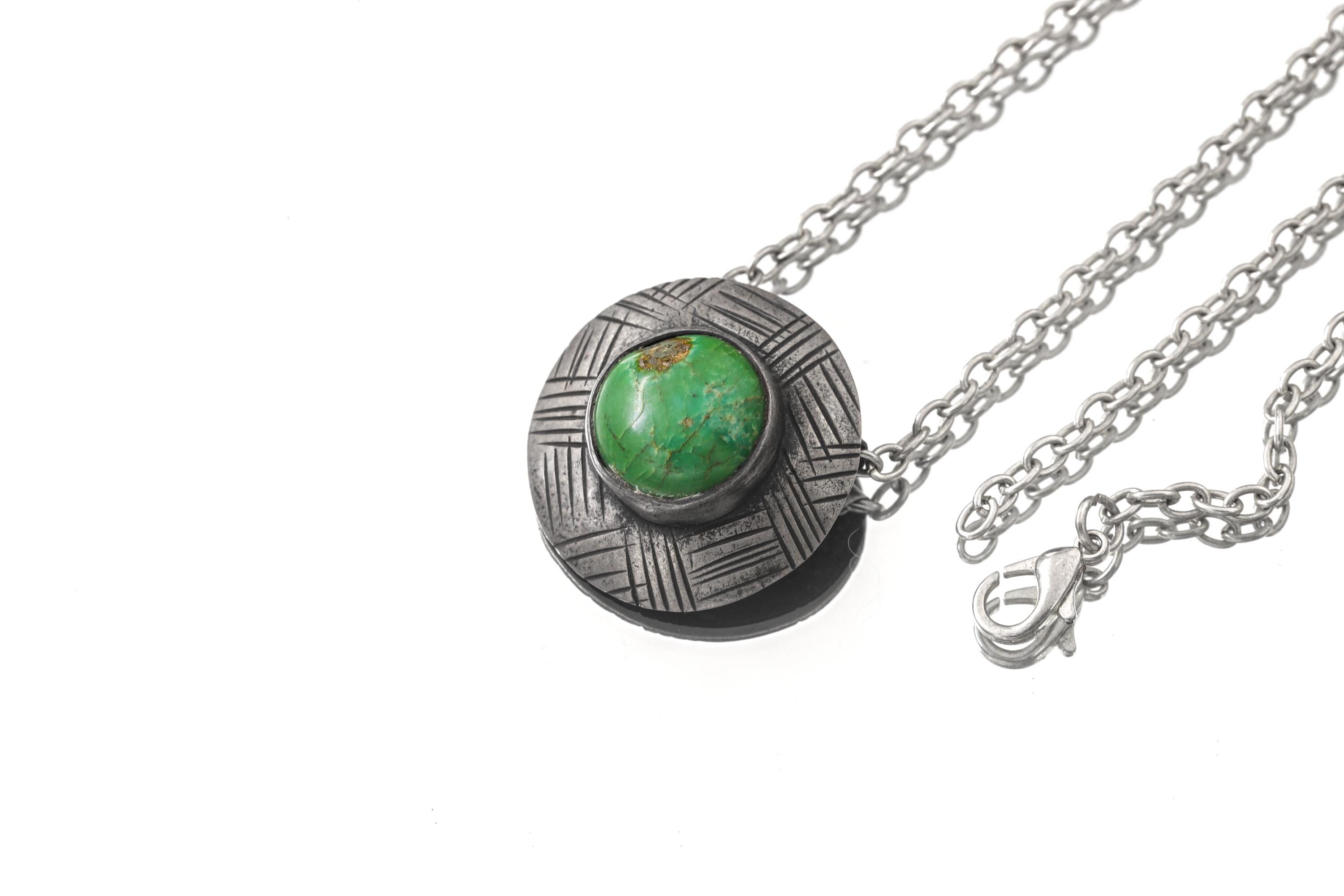 Green Turquoise Shield Pendant: Oxidized Sterling Silver, Handmade