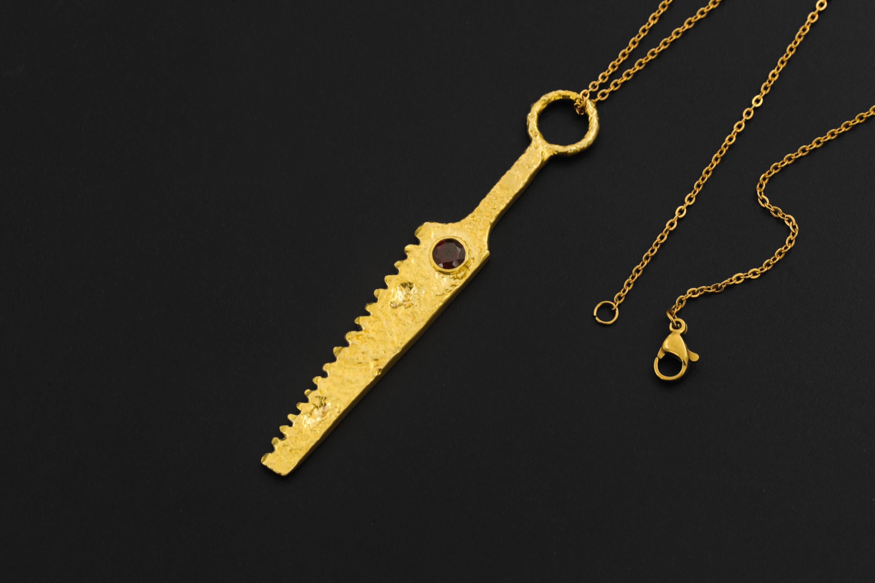 18k Gold Plated Brass Cutter Spoon Pendant, Faceted Garnet Talisman Necklace