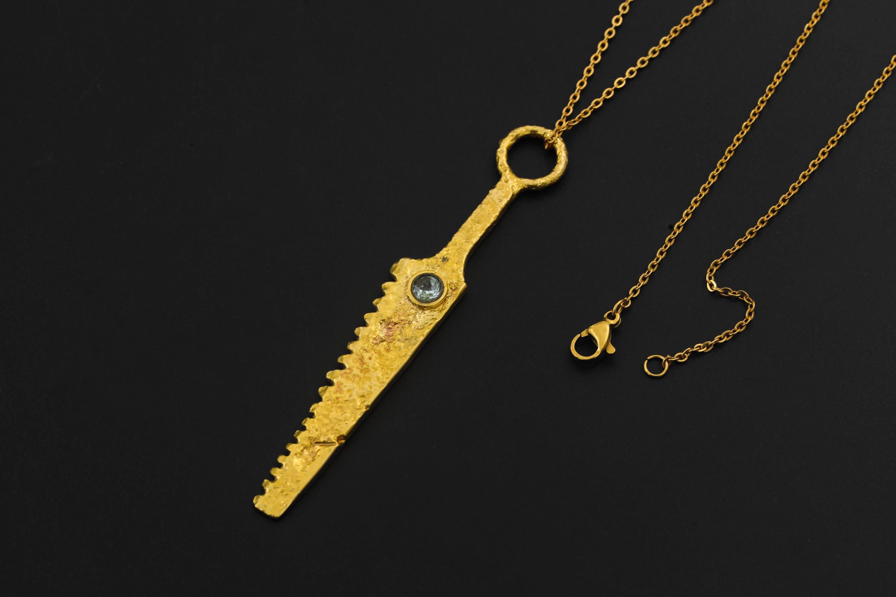 18k Gold Plated Brass Cutter Spoon Pendant, Blue Moonstone Ritual Talisman
