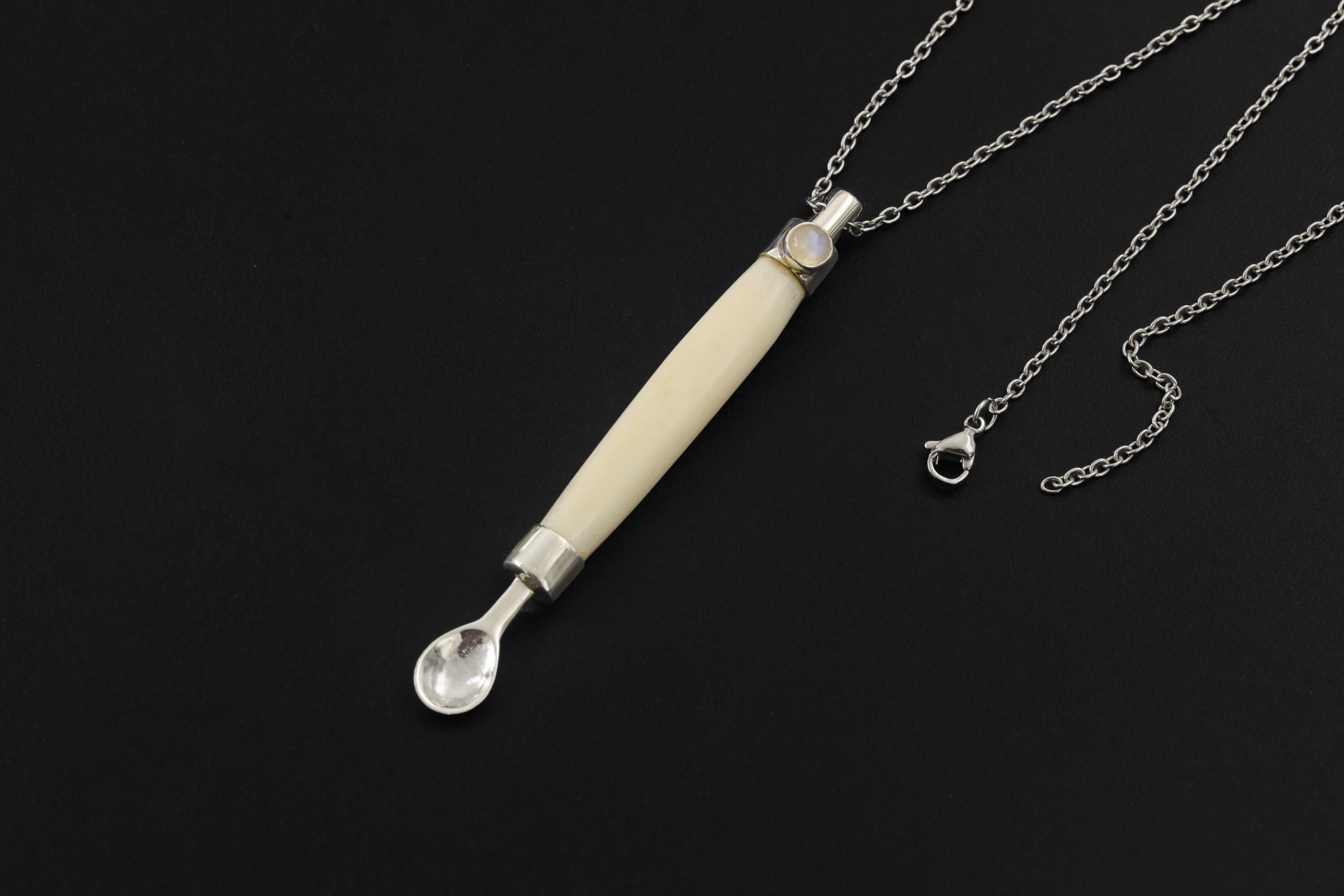 Blue Moonstone Bone Spoon Pendant Sterling Silver 925 Handmade Ritual Jewelry Lunar Necklace Crown Chakra Gift
