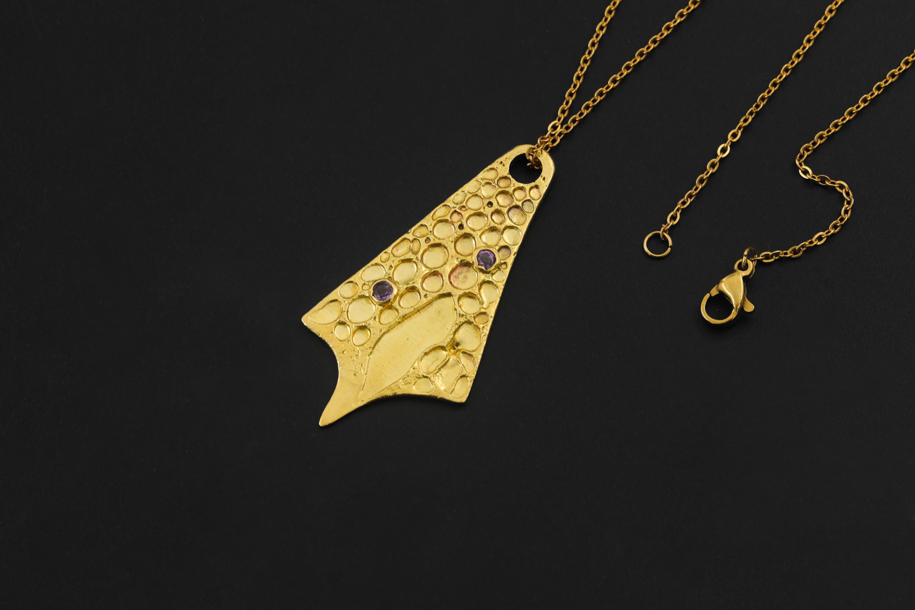 18k Gold Plated Cast Pendant, Textured Amethyst Talisman Necklace