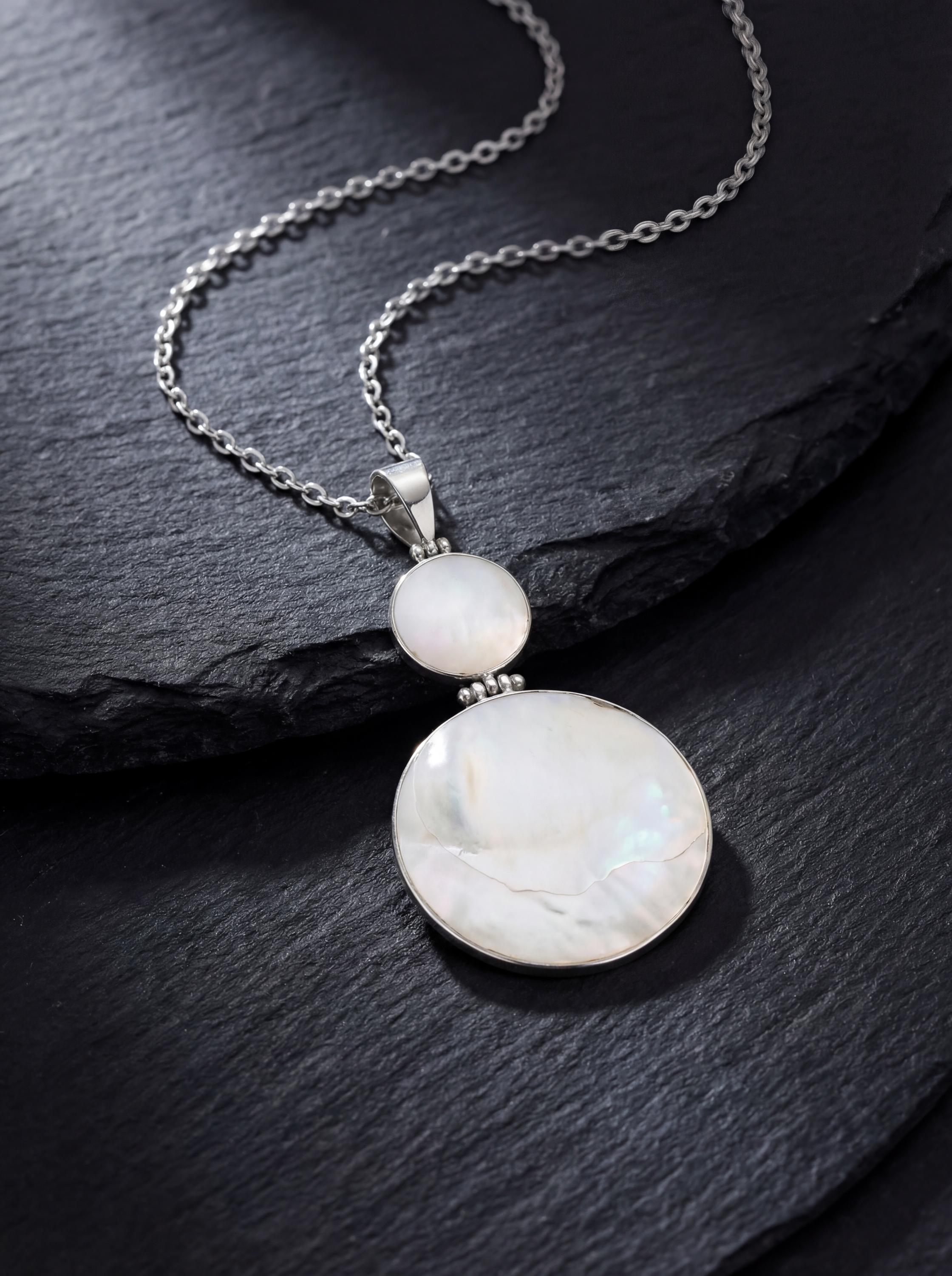 Mother of Pearl Double Disc Pendant Necklace, 925 Sterling Silver, High Polish Shell Jewelry