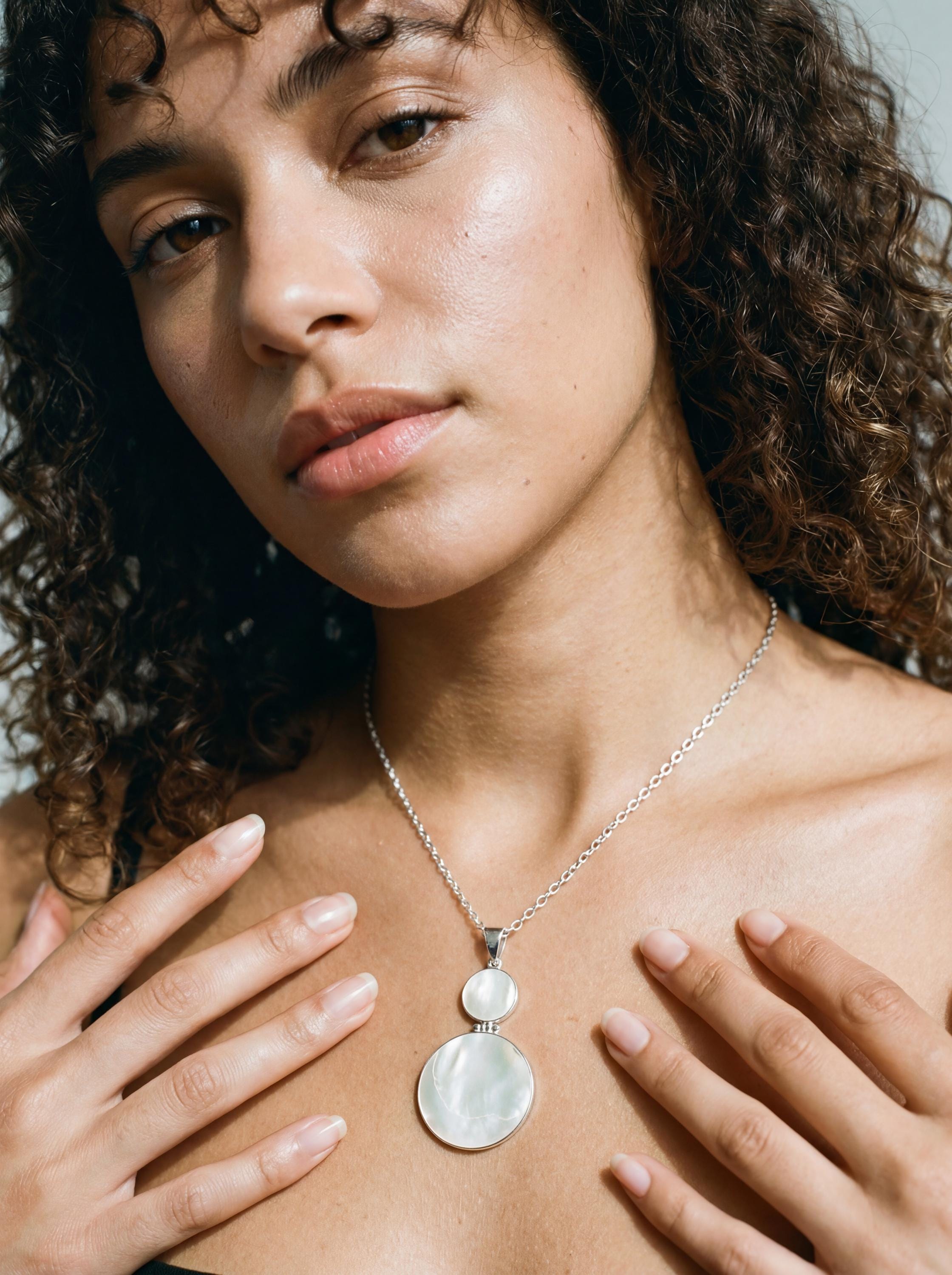 Mother of Pearl Double Disc Pendant Necklace, 925 Sterling Silver, High Polish Shell Jewelry