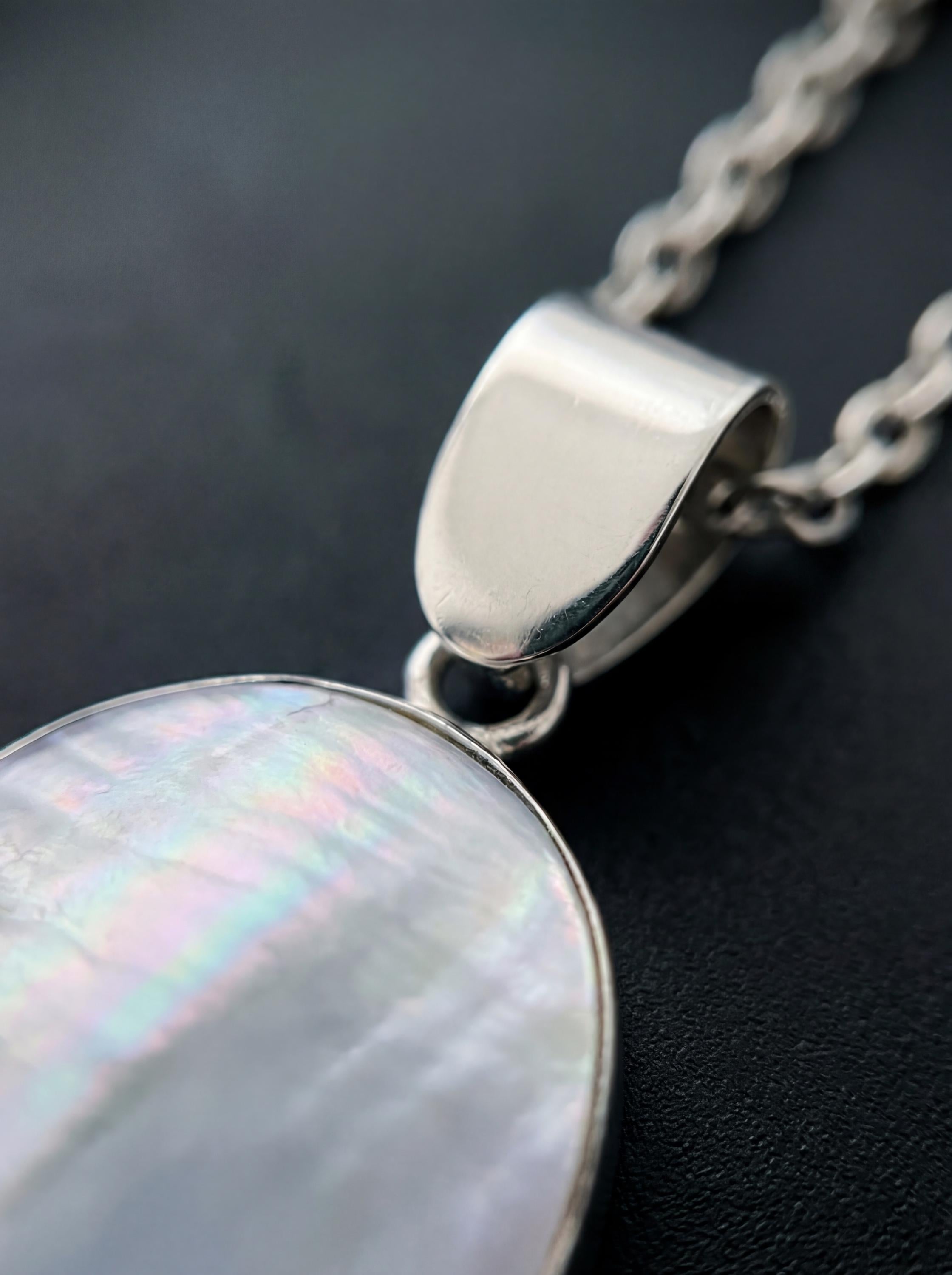 Oval Mother of Pearl Pendant, Sterling Silver High Shine Cabochon Necklace – Boho Ocean Jewelry
