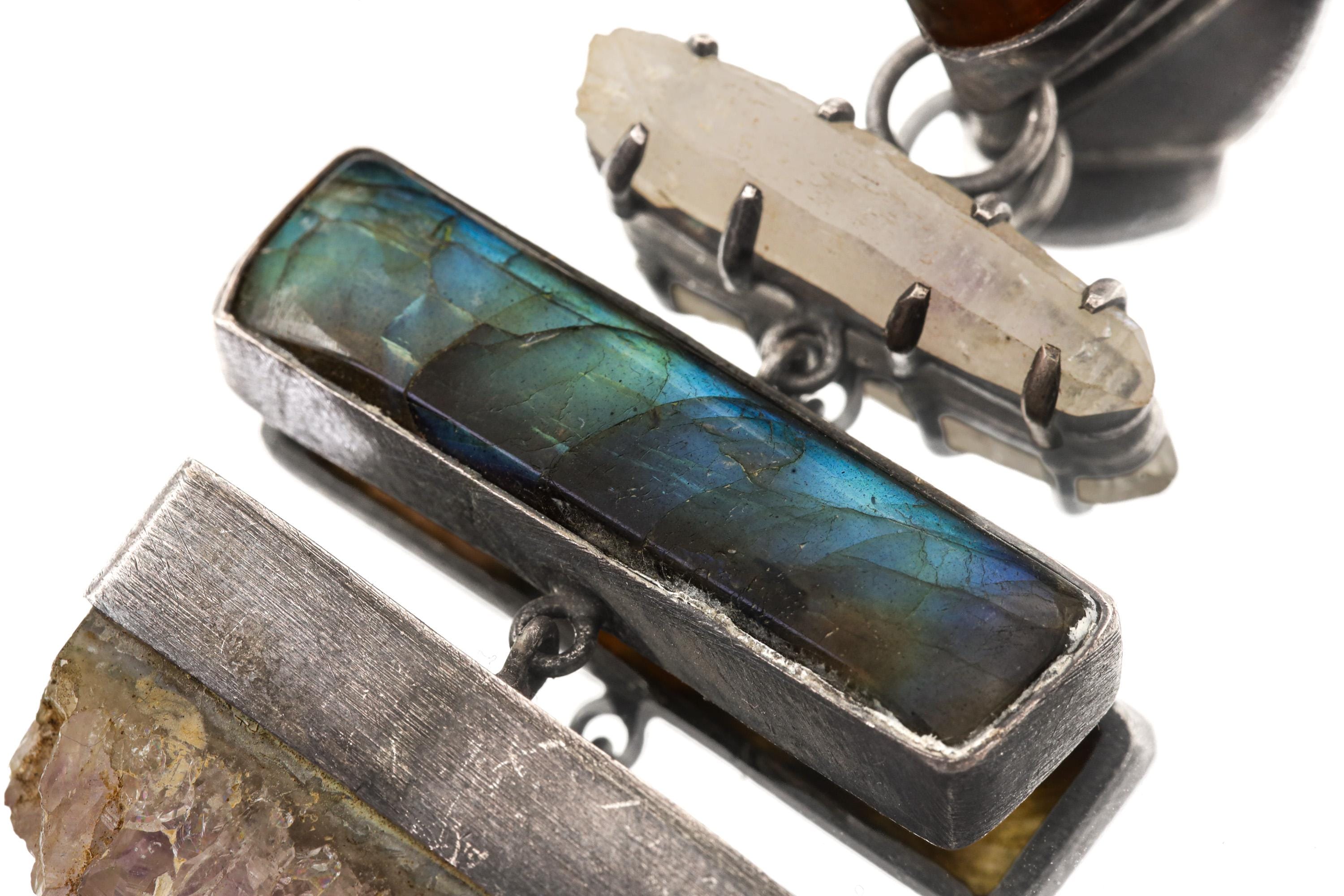 Close-up of Rainbow Labradorite and Lemurian Quartz in oxidized sterling silver multi-stone pendant.