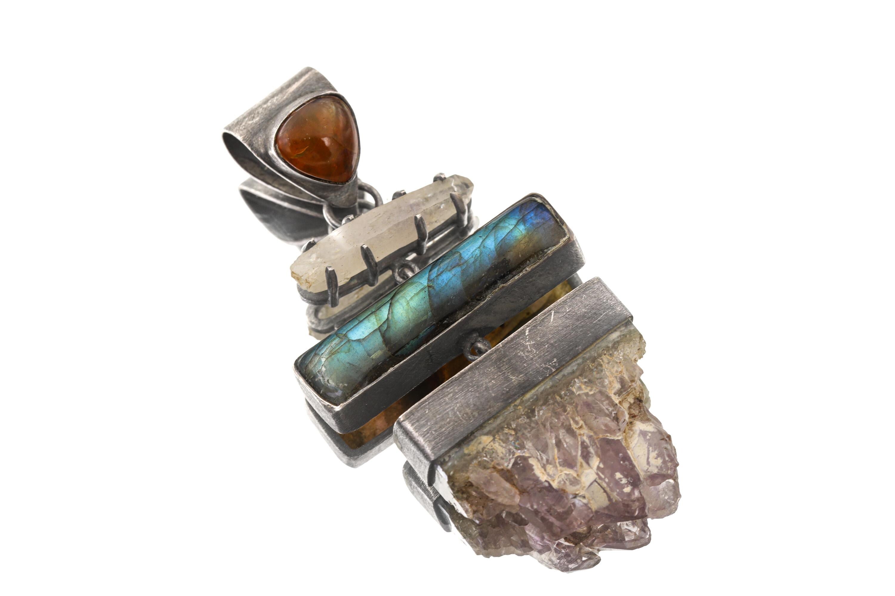Amethyst Labradorite Opal Quartz Pendant 925 Sterling Silver Lemurian Crystal Crown Third Eye Chakra Gift