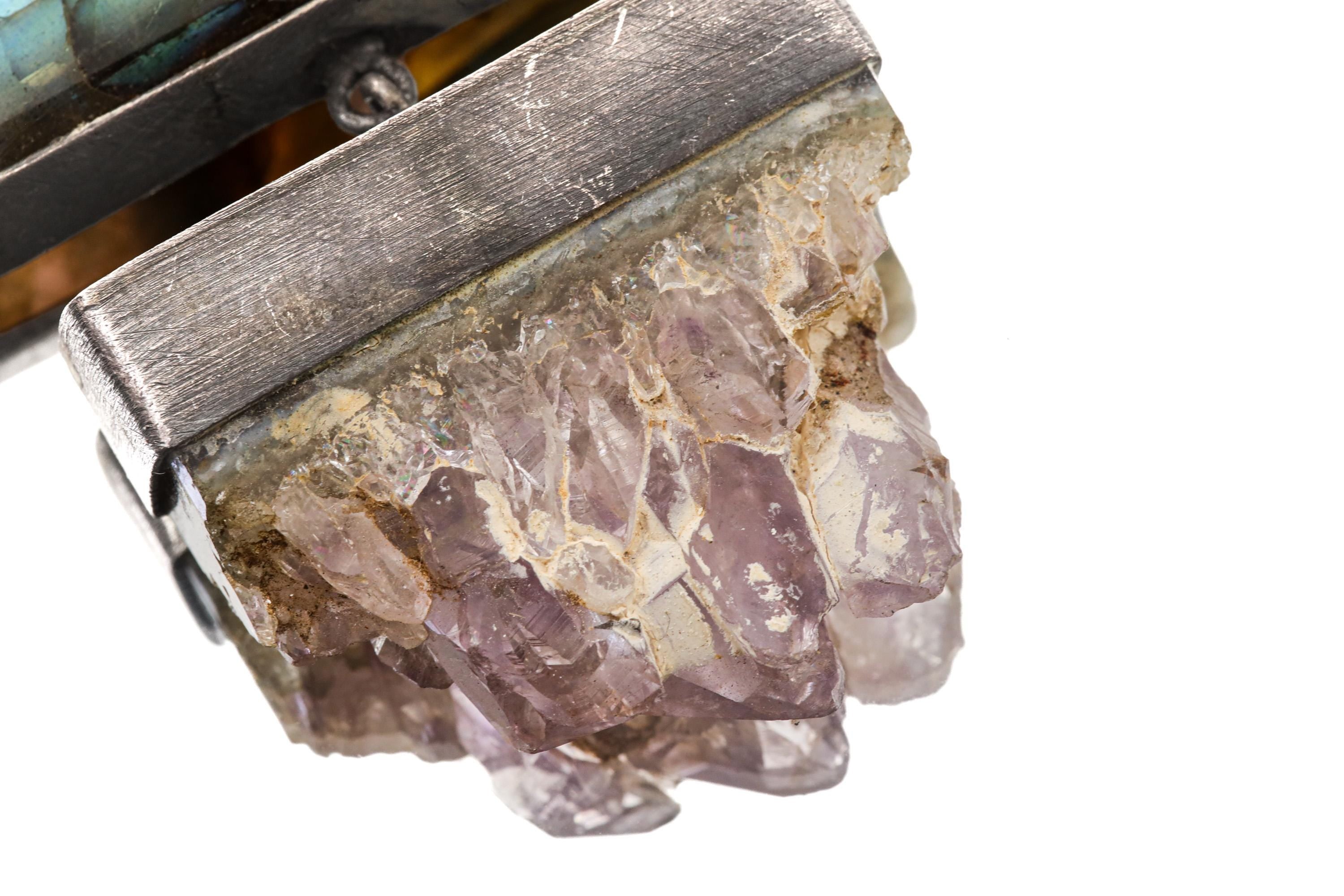 Amethyst Labradorite Opal Quartz Pendant 925 Sterling Silver Lemurian Crystal Crown Third Eye Chakra Gift