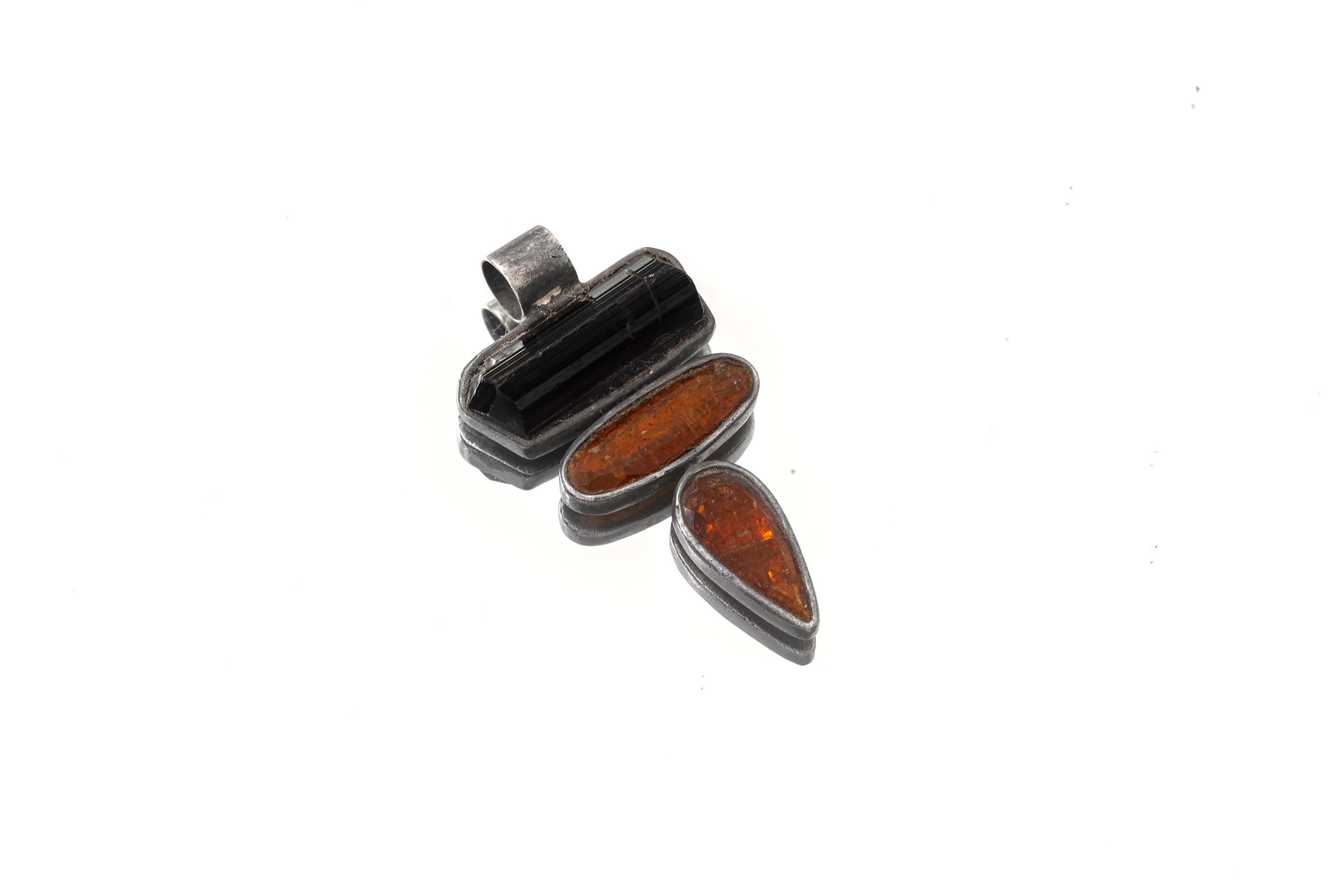 Oxidized Sterling Silver Pendant: Raw Black Tourmaline & Red Kyanite