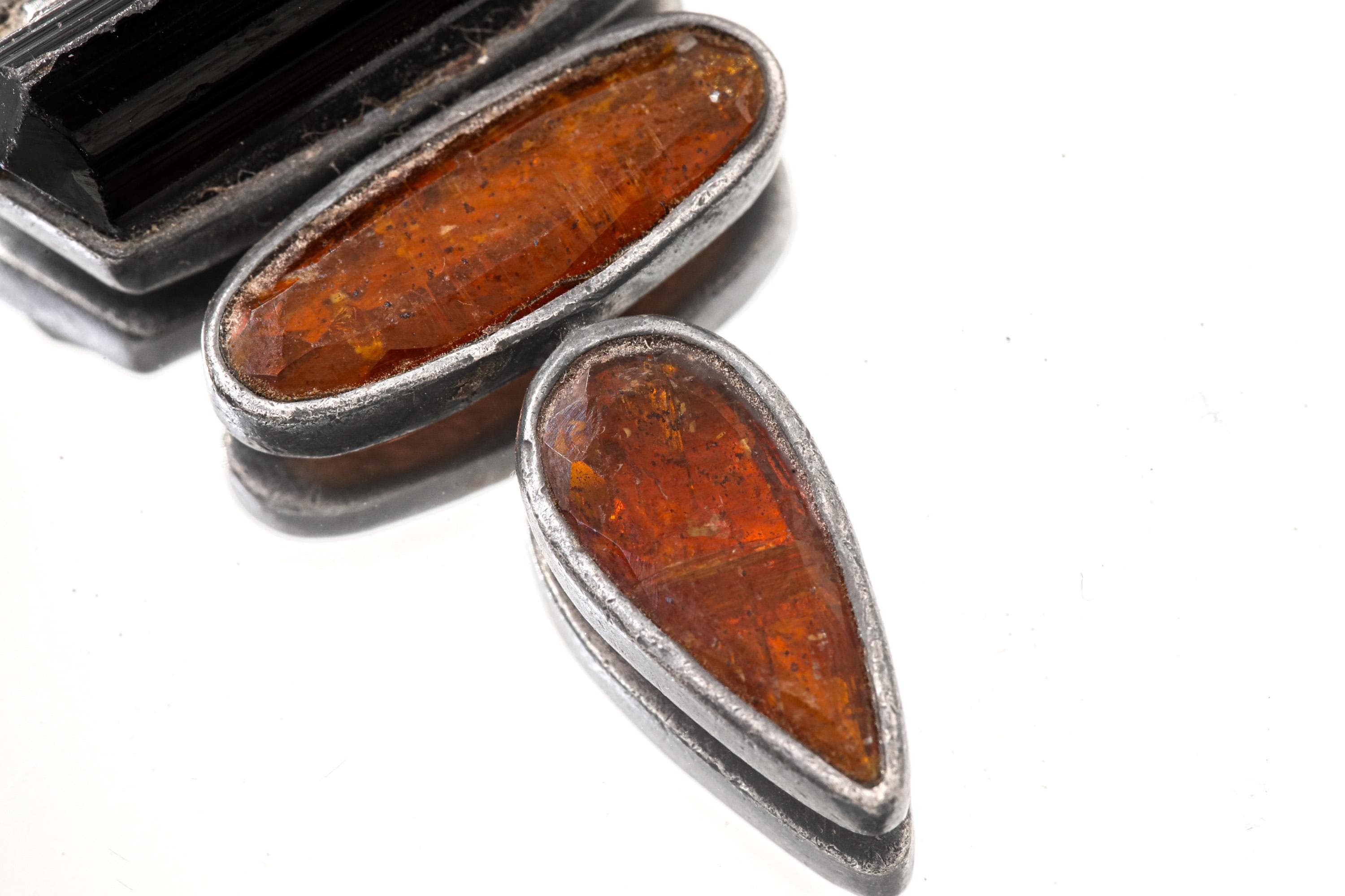 Oxidized Sterling Silver Pendant: Raw Black Tourmaline & Red Kyanite