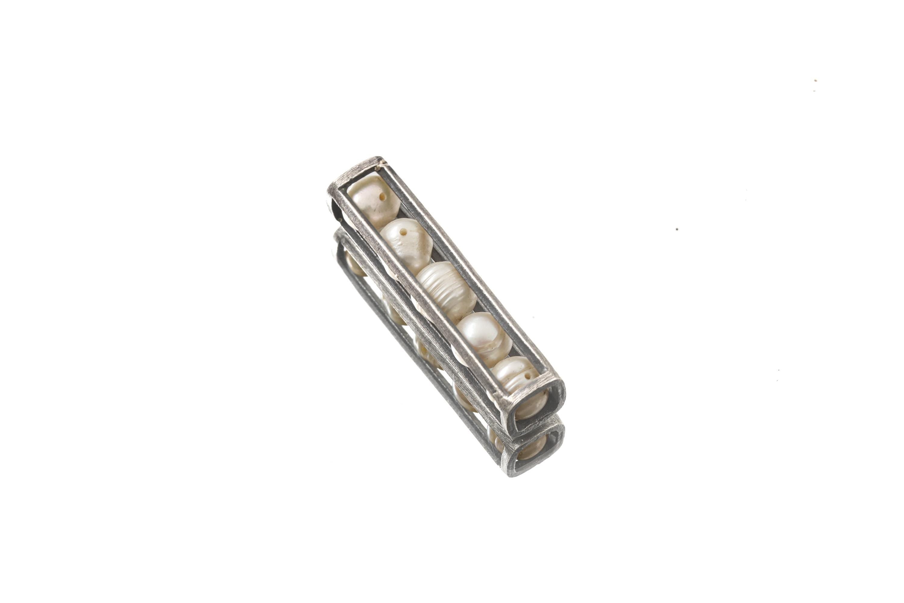 Oxidized Sterling Silver Pearl Cage Pendant Necklace: Hammered Silver