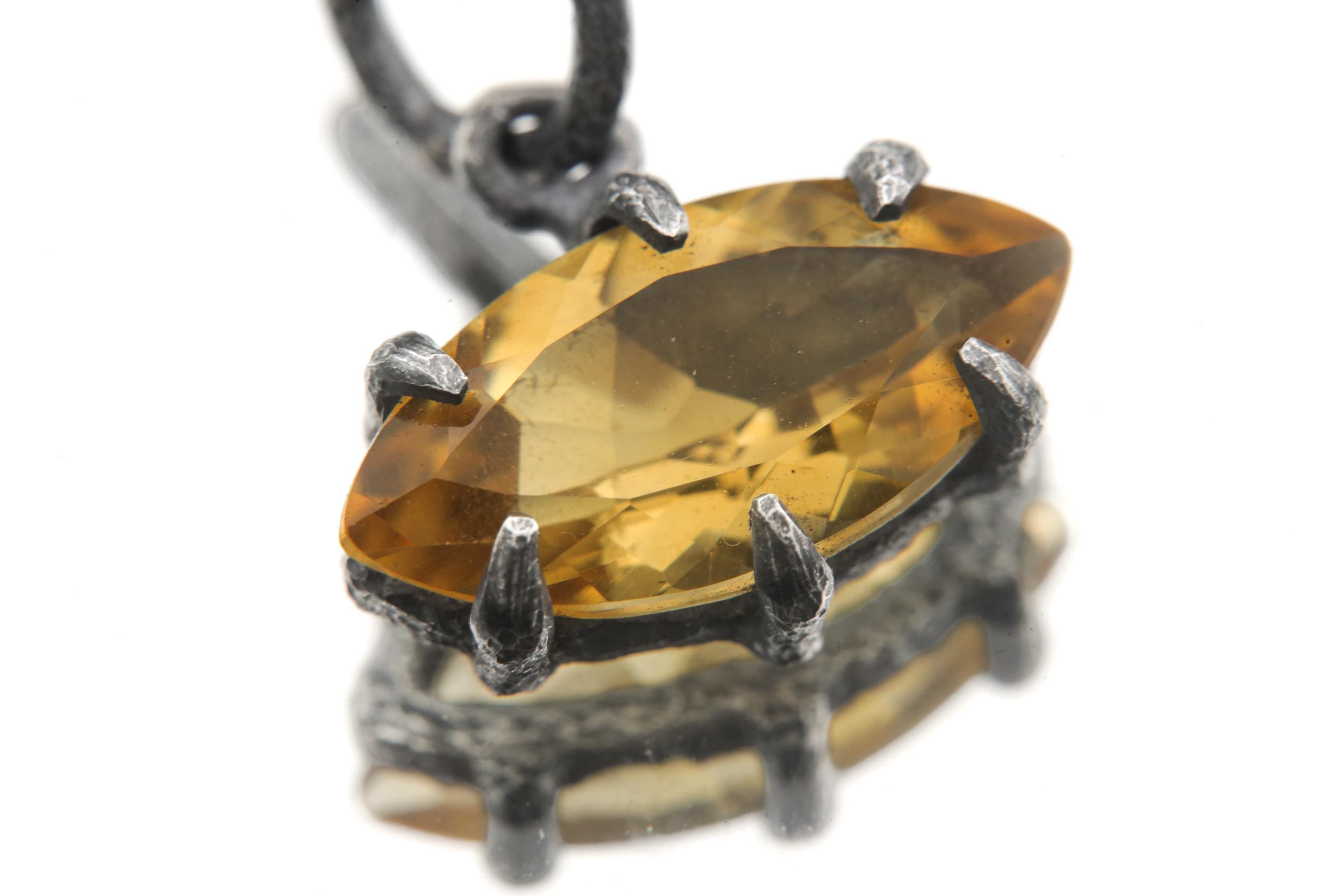 Faceted Marquise Citrine Pendant, 925 Sterling Silver Sand Texture Claw Set Talisman, Solar Plexus Gemstone, Oxidized Gift