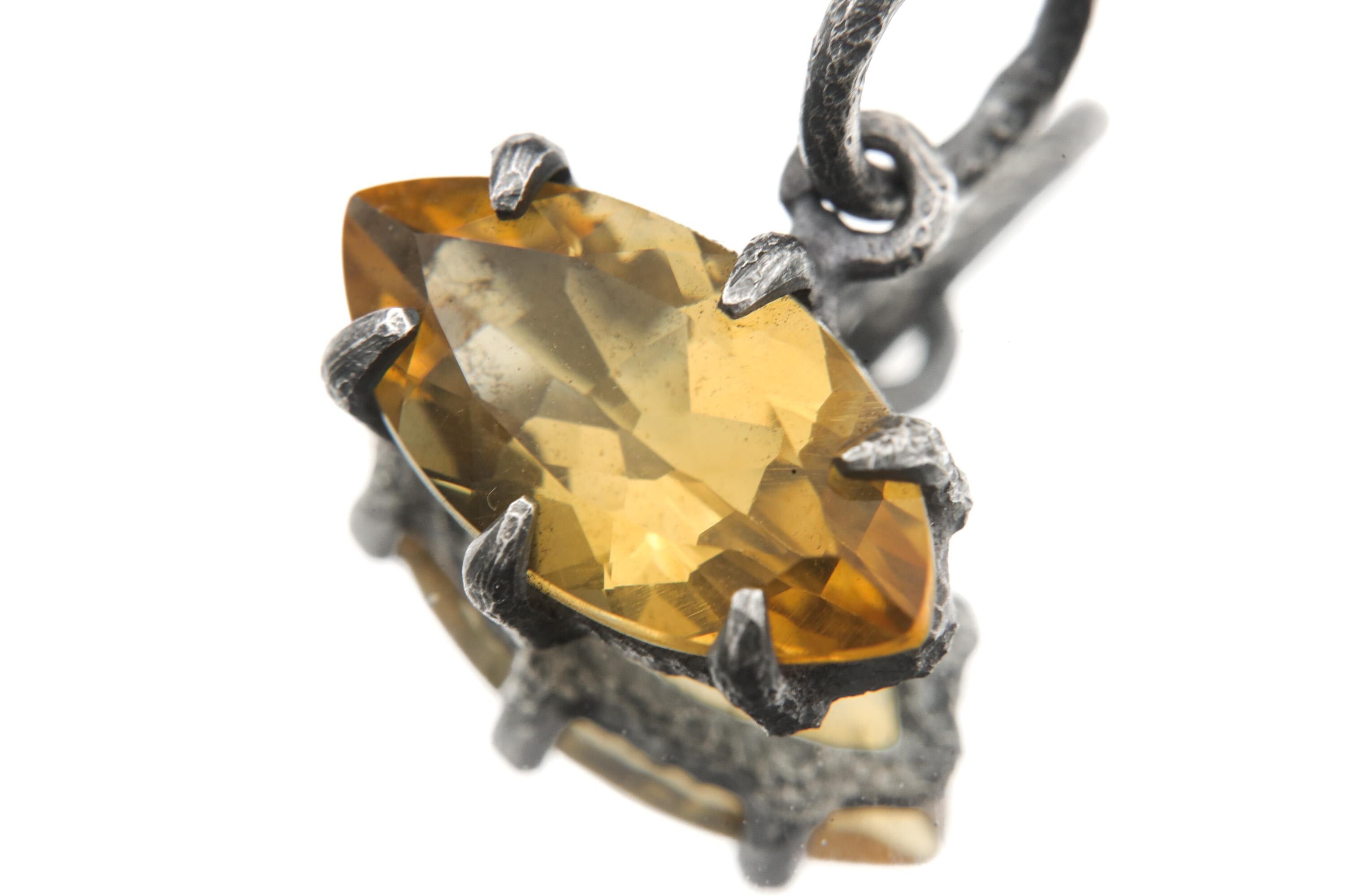 Faceted Marquise Citrine Pendant, 925 Sterling Silver Sand Texture Claw Set Talisman, Solar Plexus Gemstone, Oxidized Gift