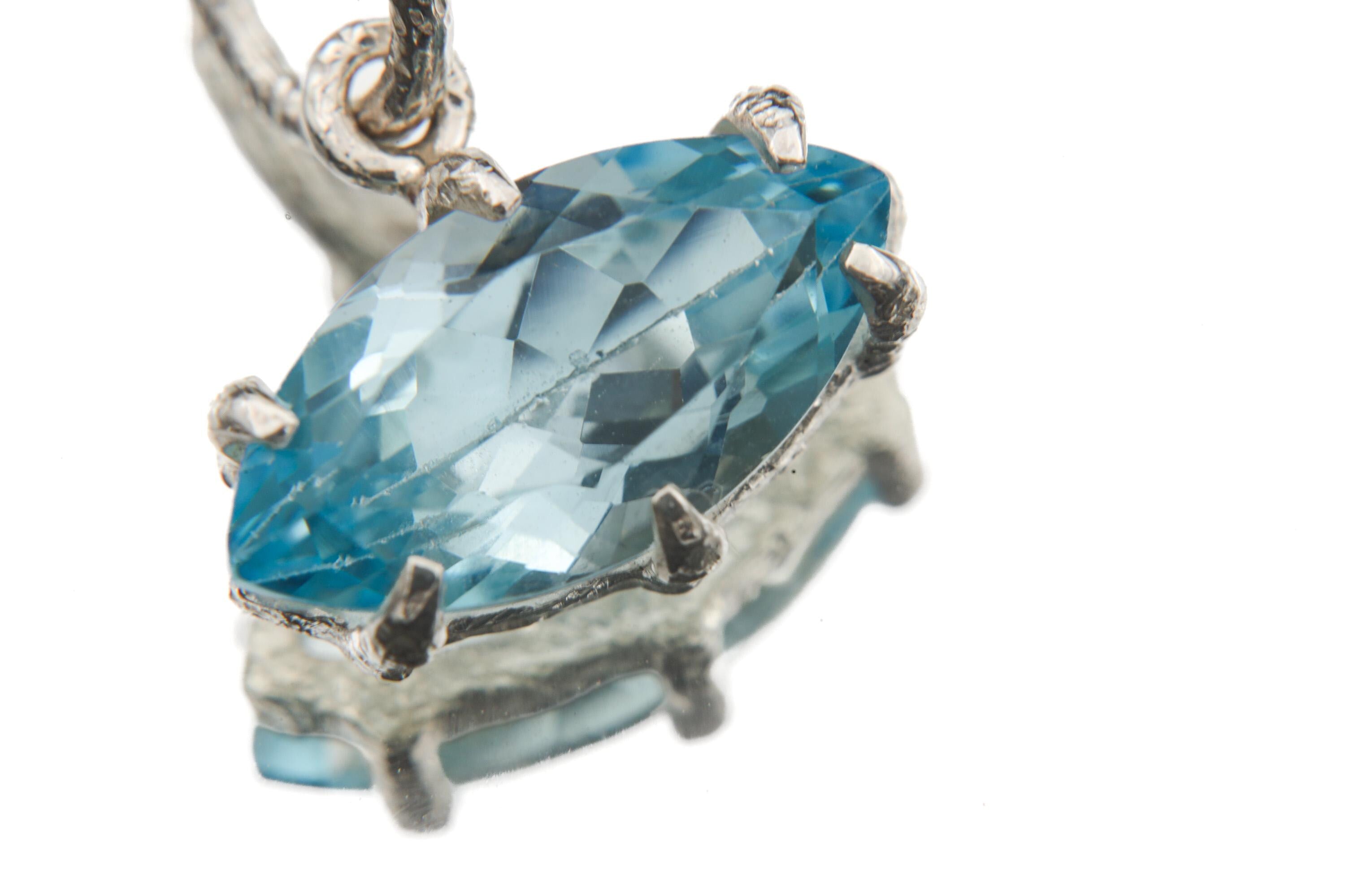Blue Topaz Eye Pendant 925 Silver Marquise Faceted Claw Set Necklace Shiny Sand Texture Sky Blue Gemstone Throat Chakra Jewelry