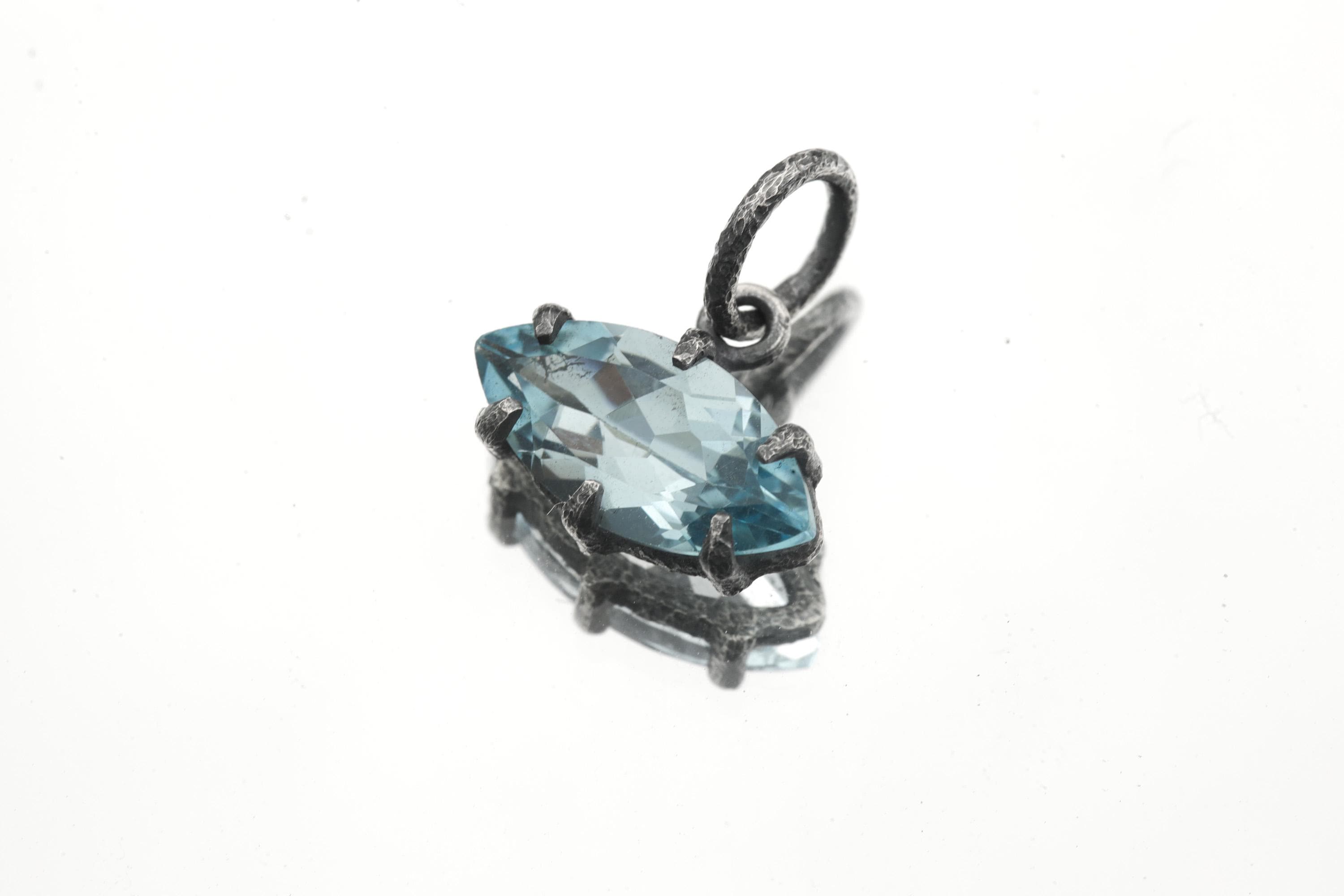 Claw Set Blue Topaz Eye Pendant 925 Sterling Silver Marquise Faceted Necklace Oxidized Sand Texture Throat Chakra December Birthstone Gift