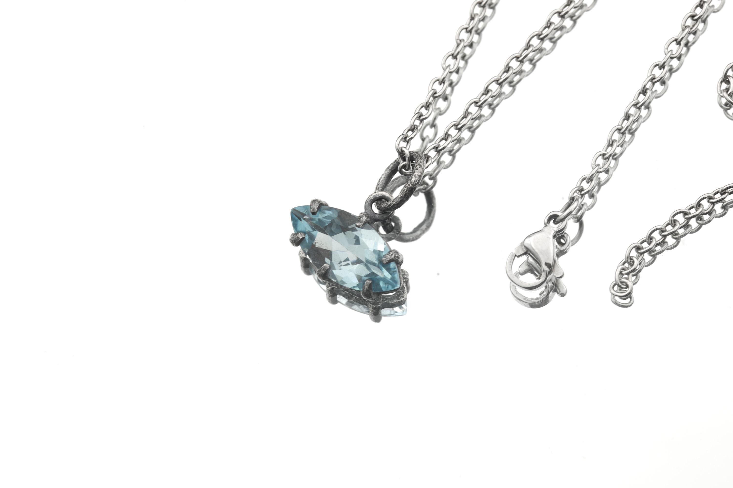 Claw Set Blue Topaz Eye Pendant 925 Sterling Silver Marquise Faceted Necklace Oxidized Sand Texture Throat Chakra December Birthstone Gift
