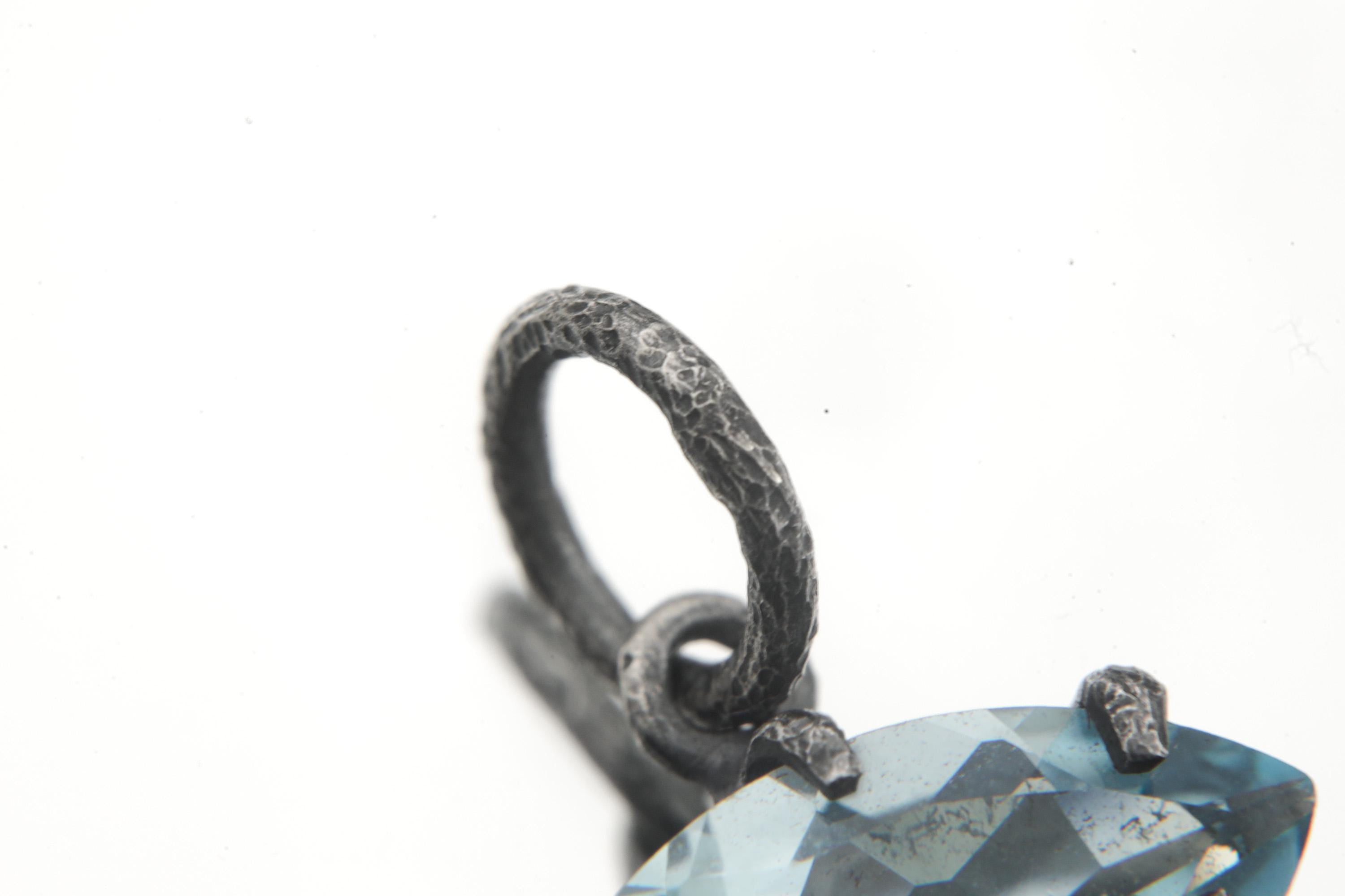 Claw Set Blue Topaz Eye Pendant 925 Sterling Silver Marquise Faceted Necklace Oxidized Sand Texture Throat Chakra December Birthstone Gift