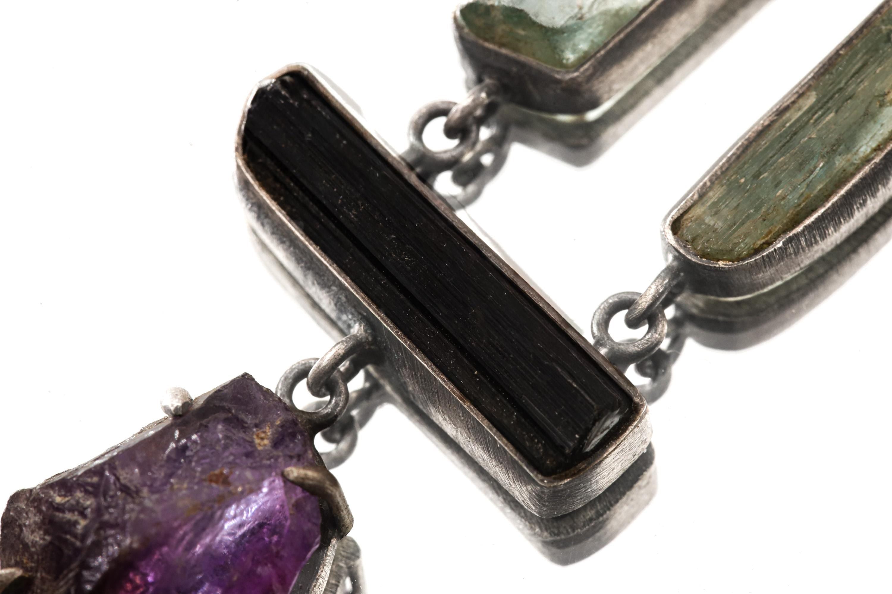 Raw Black Tourmaline Aquamarine Amethyst Sterling Silver Pendant