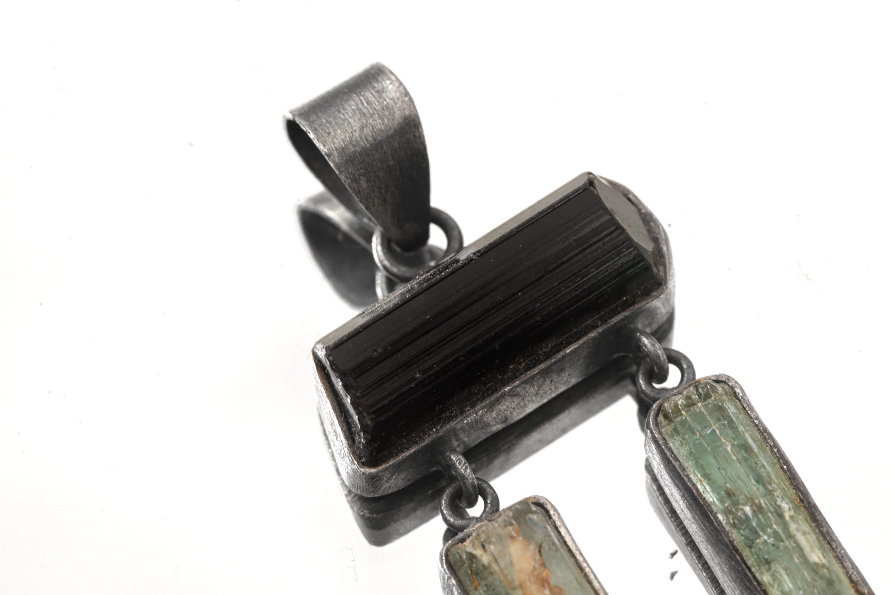 Raw Black Tourmaline Aquamarine Amethyst Sterling Silver Pendant