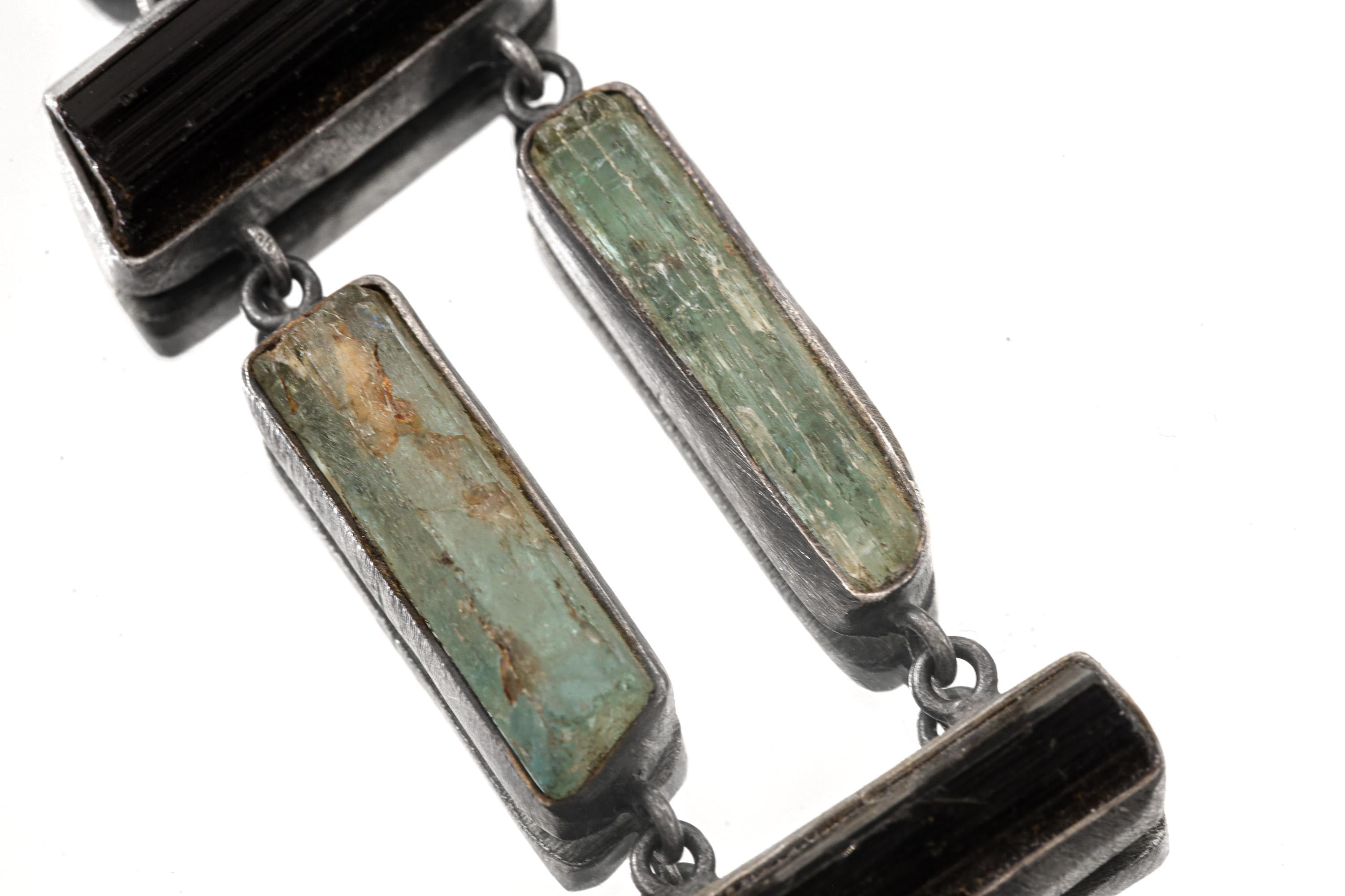Raw Black Tourmaline Aquamarine Amethyst Sterling Silver Pendant