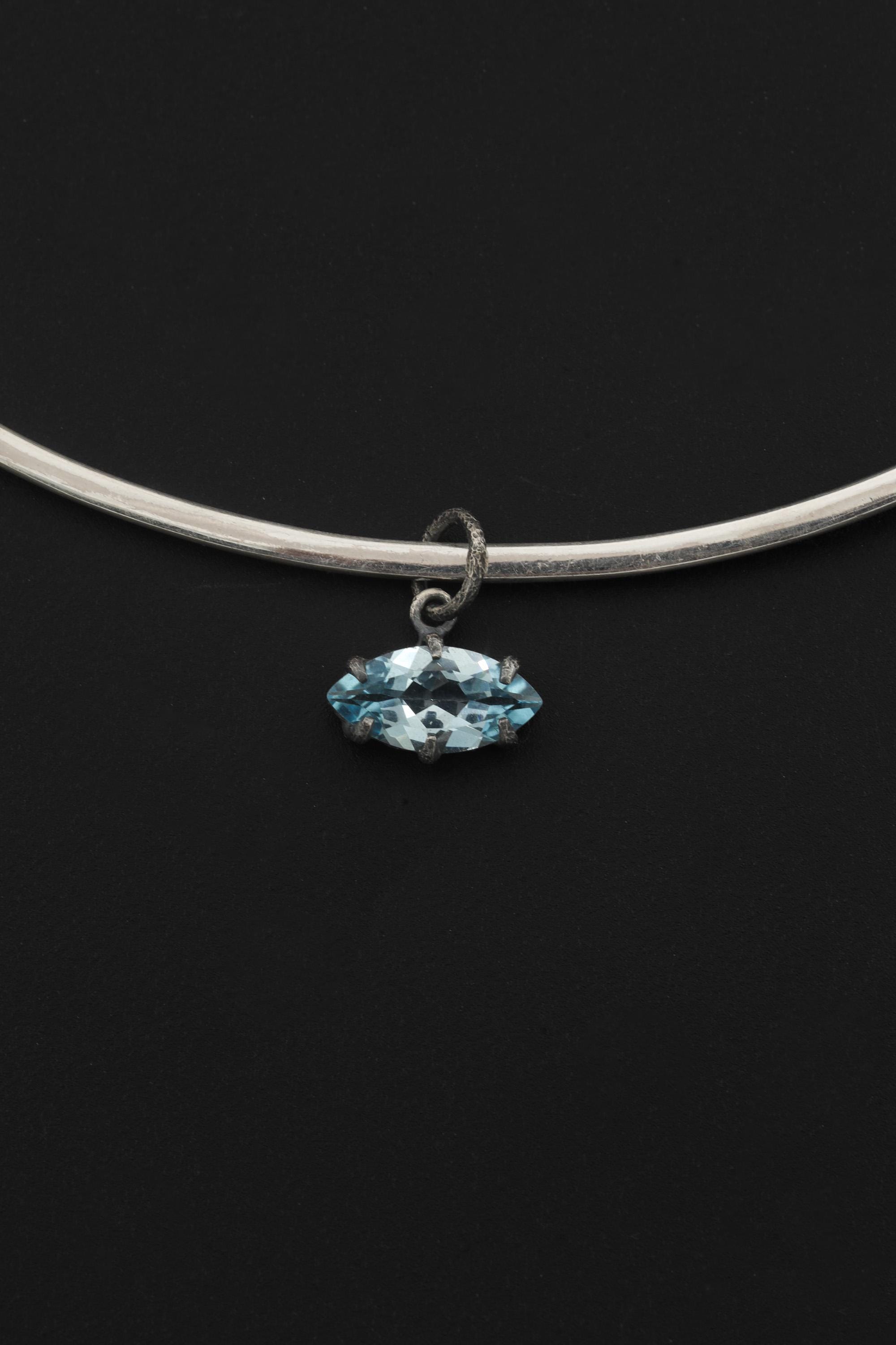 Claw Set Blue Topaz Eye Pendant 925 Sterling Silver Marquise Faceted Necklace Oxidized Sand Texture Throat Chakra December Birthstone Gift