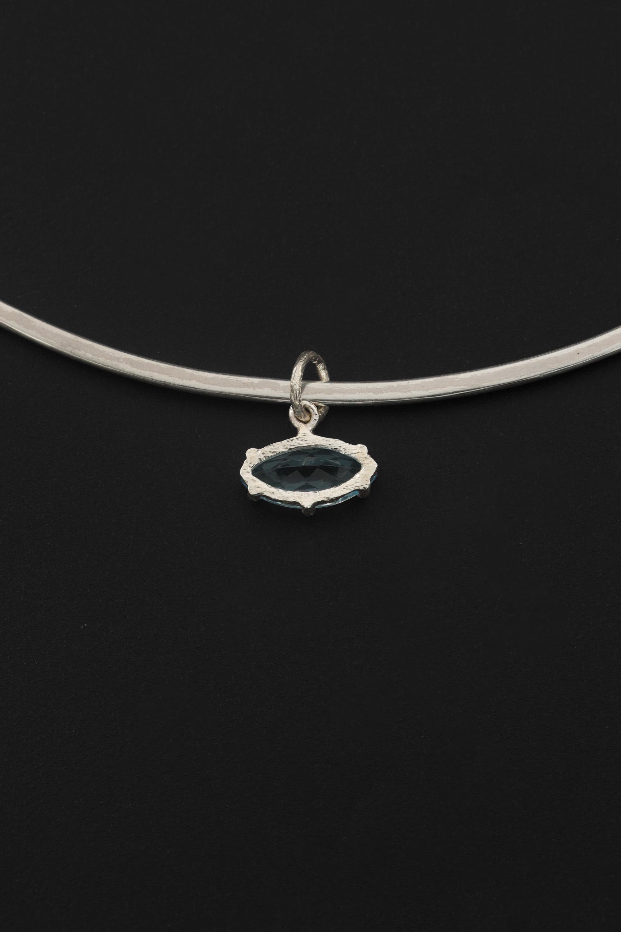 Blue Topaz Eye Pendant 925 Silver Marquise Faceted Claw Set Necklace Shiny Sand Texture Sky Blue Gemstone Throat Chakra Jewelry